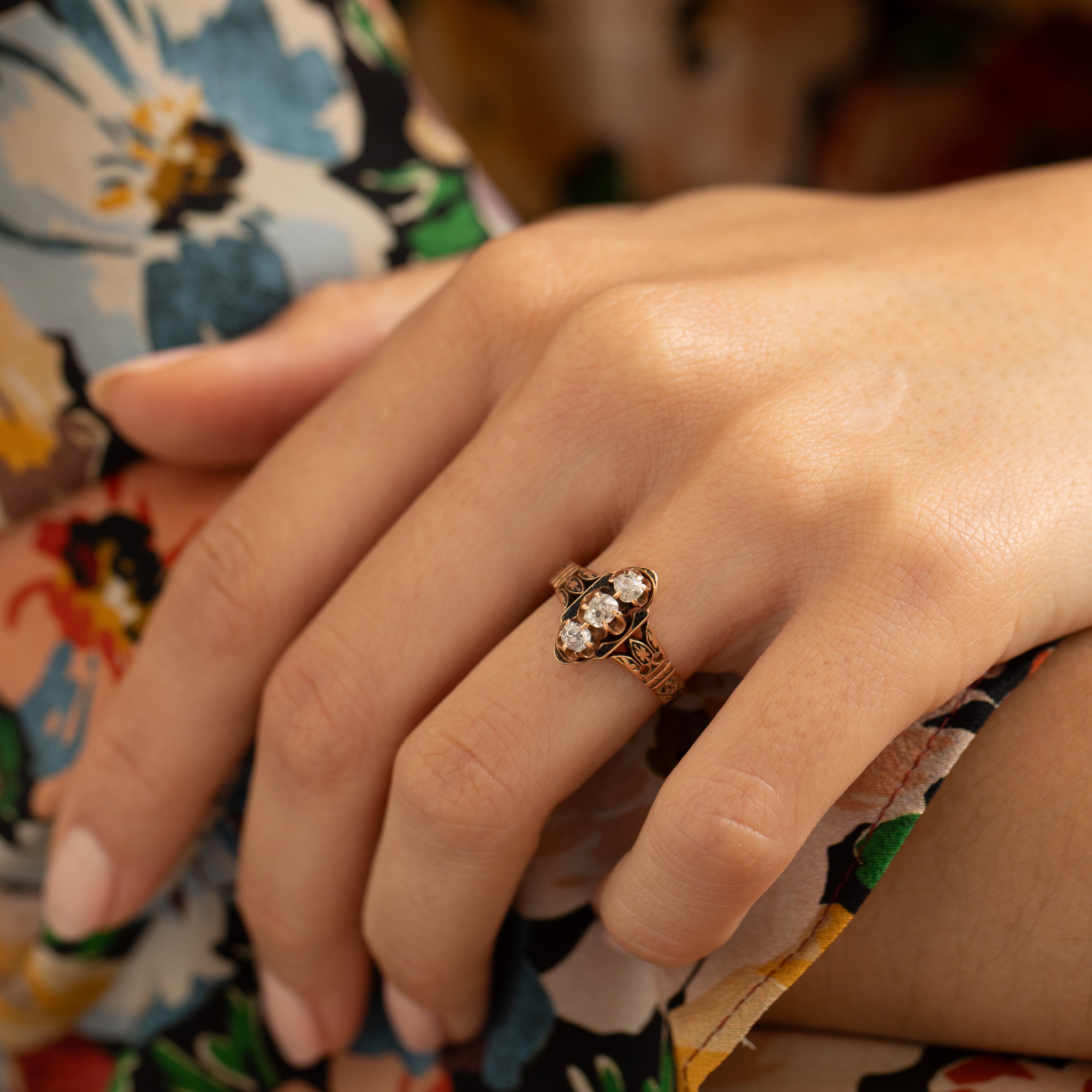 Victorian Old Mine Cut Diamond, Enamel, and 14K Gold Ring