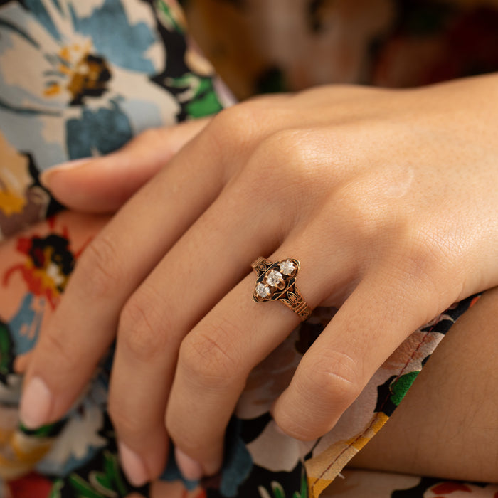 Victorian Old Mine Cut Diamond, Enamel, and 14K Gold Ring
