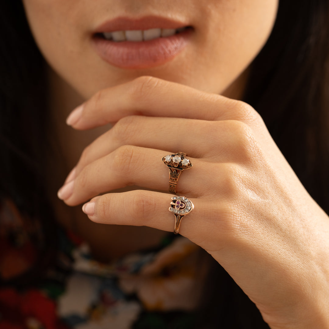 Victorian Old Mine Cut Diamond, Enamel, and 14K Gold Ring