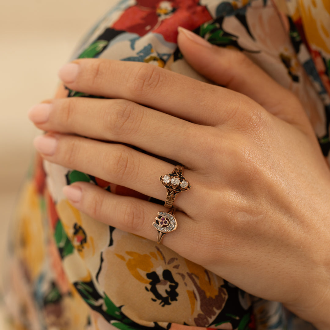 Victorian Old Mine Cut Diamond, Enamel, and 14K Gold Ring