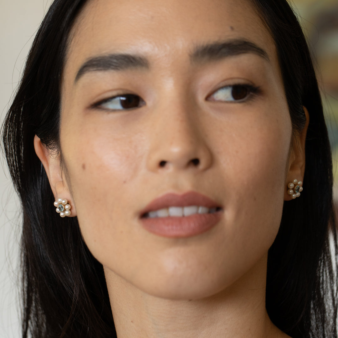 Blue Zircon, Pearl, and 10k Gold Cluster Stud Earrings