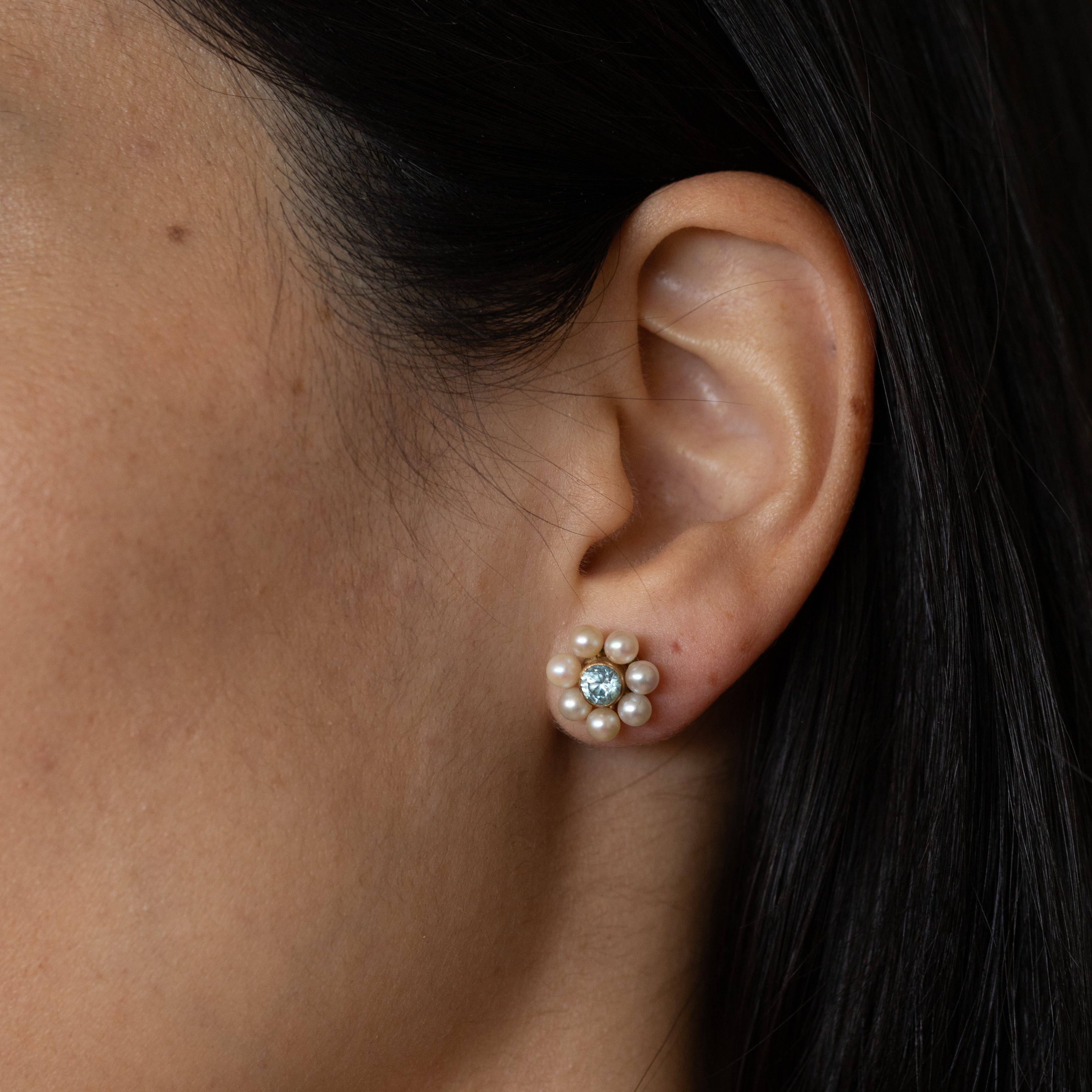 Blue Zircon, Pearl, and 10k Gold Cluster Stud Earrings