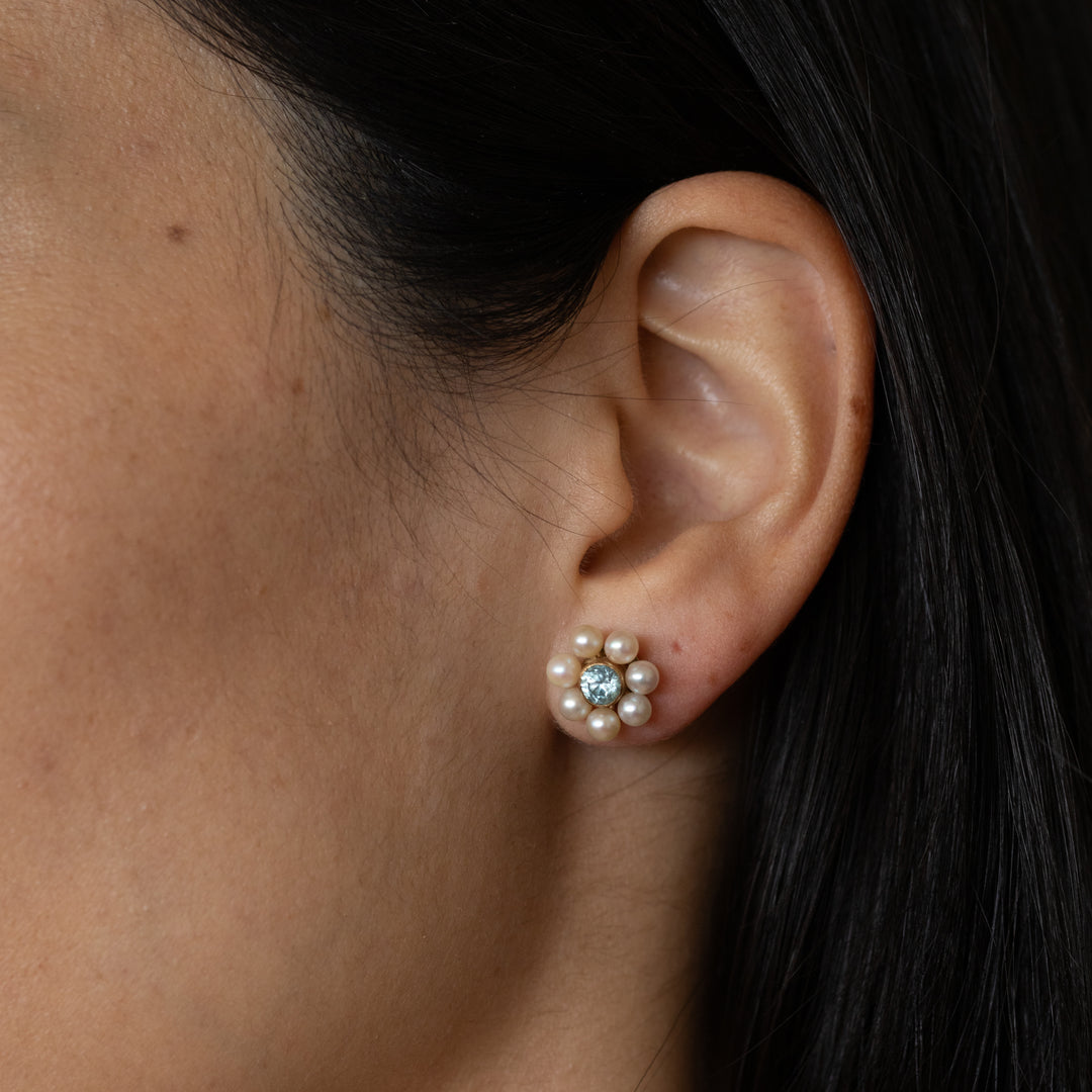 Blue Zircon, Pearl, and 10k Gold Cluster Stud Earrings