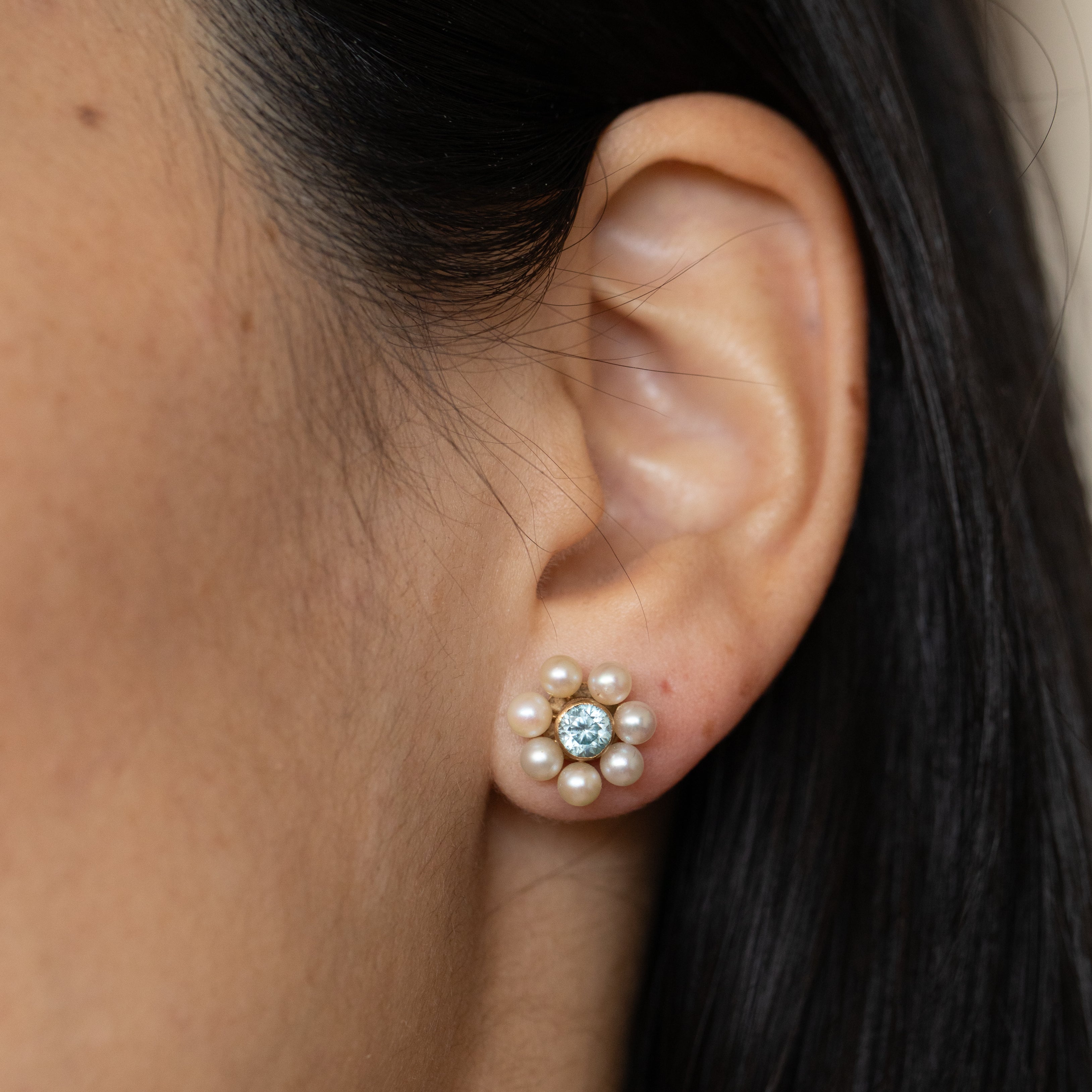 Blue Zircon, Pearl, and 10k Gold Cluster Stud Earrings