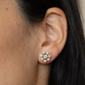 Blue Zircon, Pearl, and 10k Gold Cluster Stud Earrings
