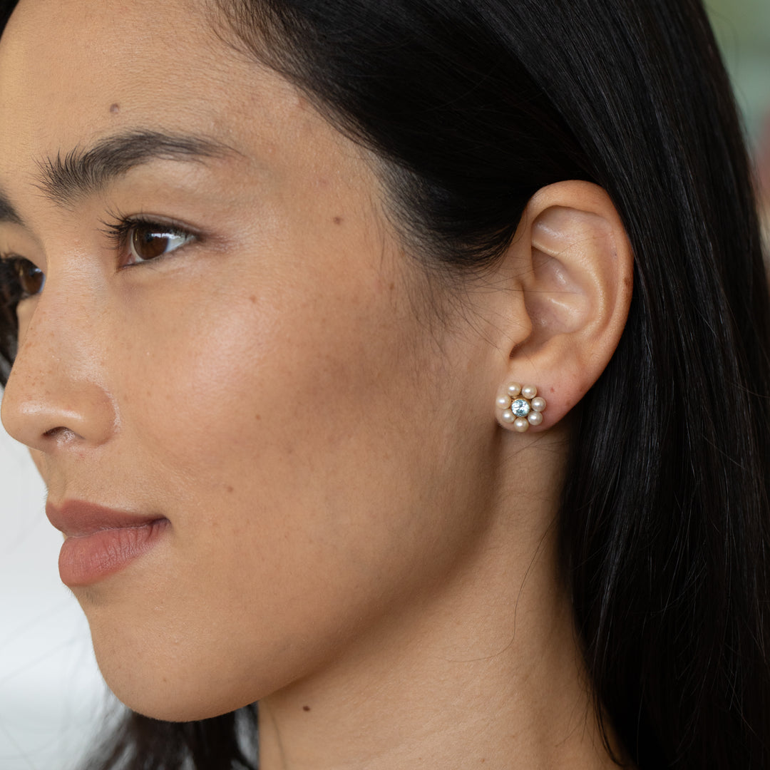Blue Zircon, Pearl, and 10k Gold Cluster Stud Earrings