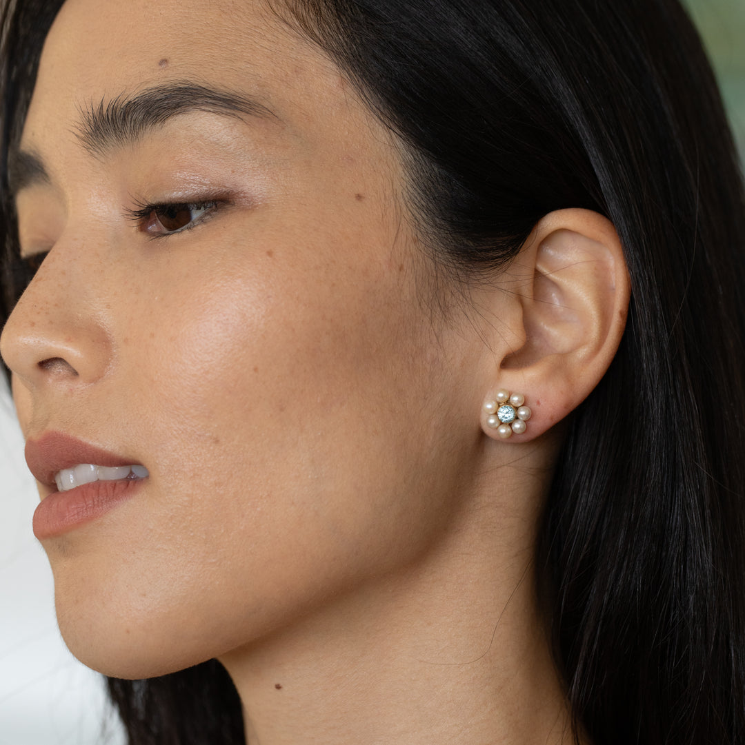 Blue Zircon, Pearl, and 10k Gold Cluster Stud Earrings