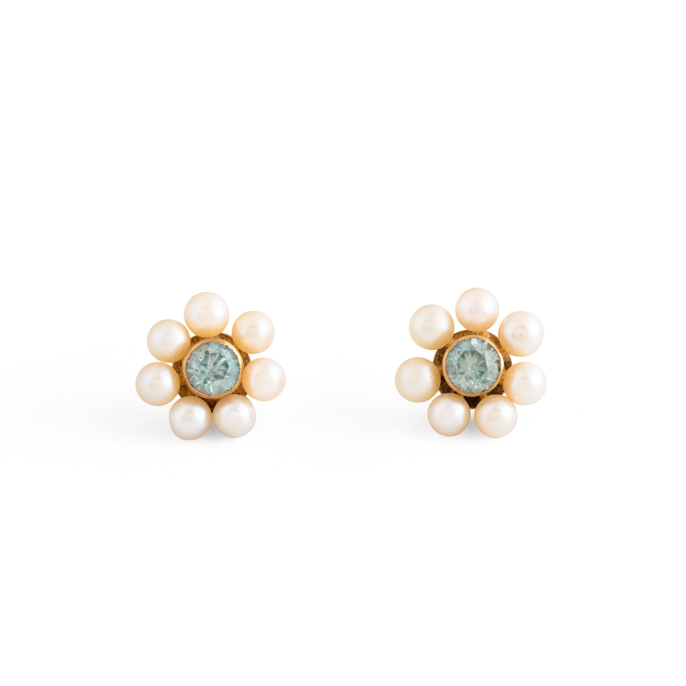 Blue Zircon, Pearl, and 10k Gold Cluster Stud Earrings