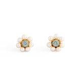 Blue Zircon, Pearl, and 10k Gold Cluster Stud Earrings