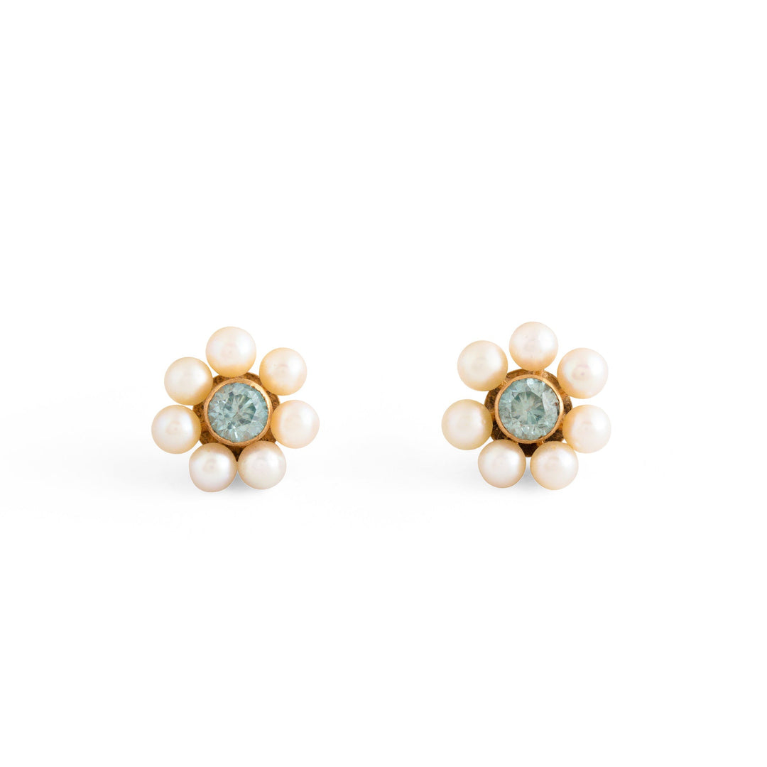 Blue Zircon, Pearl, and 10k Gold Cluster Stud Earrings