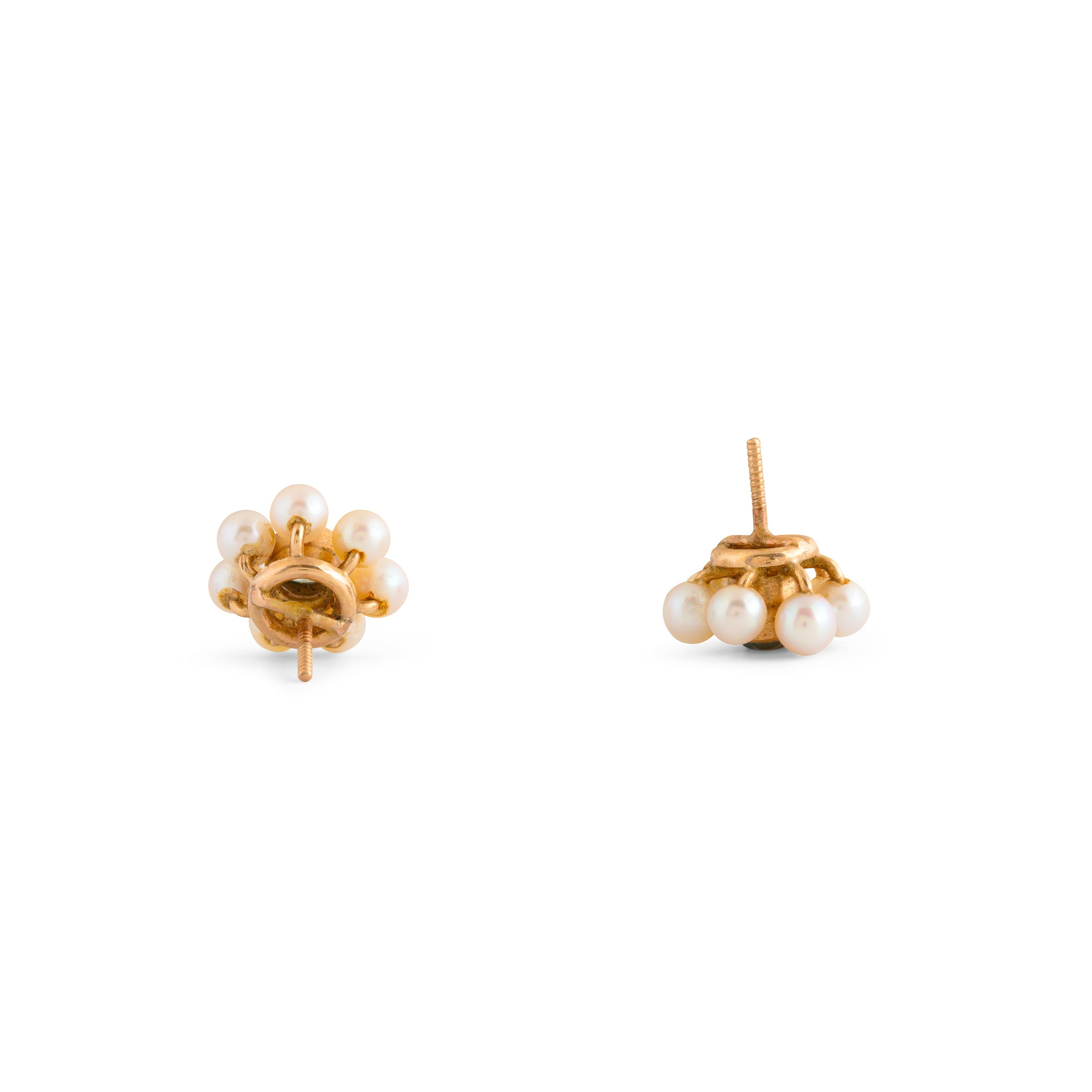 Blue Zircon, Pearl, and 10k Gold Cluster Stud Earrings