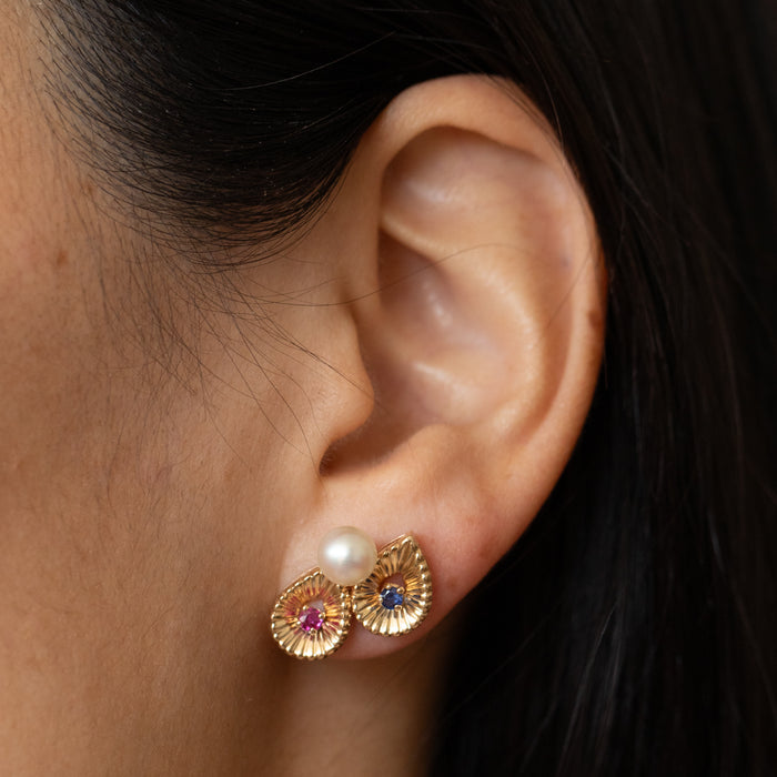 Double Teardrop Shaped 14k Gold and Pearl Earrings