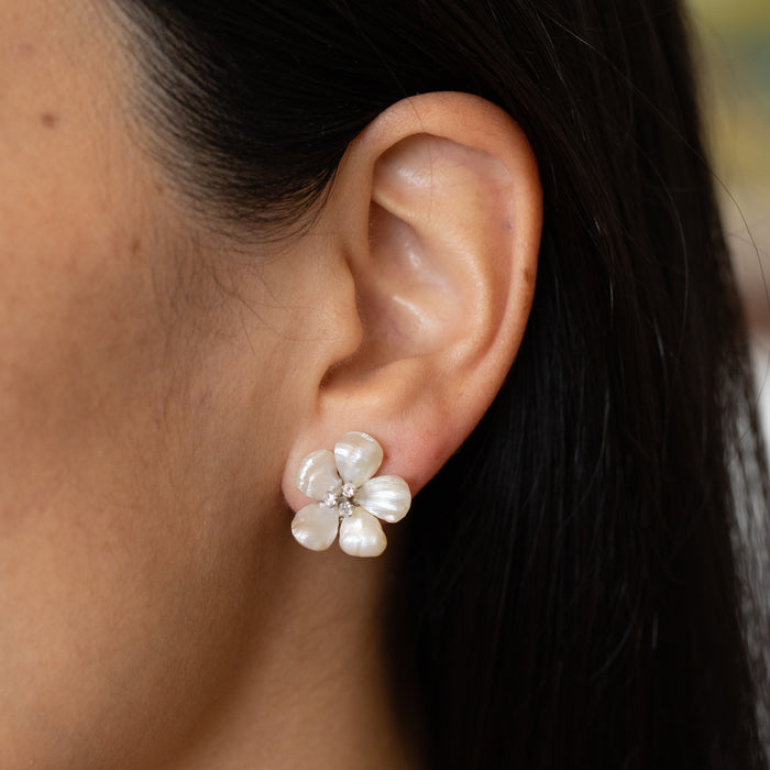 Pearl, Diamond, And 14K White Gold Flower Earrings