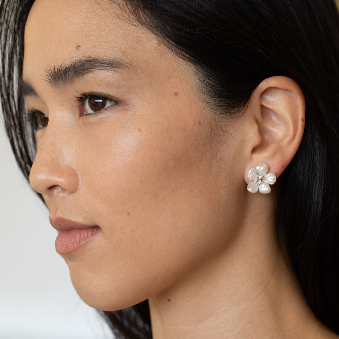 Pearl, Diamond, And 14K White Gold Flower Earrings