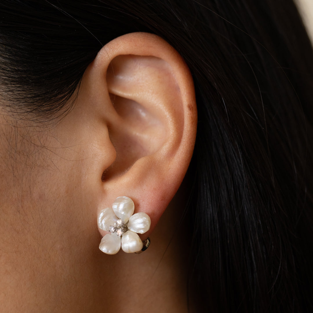 Pearl, Diamond, And 14K White Gold Flower Earrings