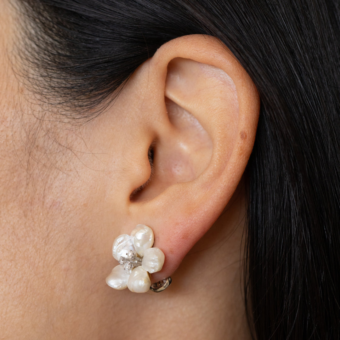 Pearl, Diamond, And 14K White Gold Flower Earrings