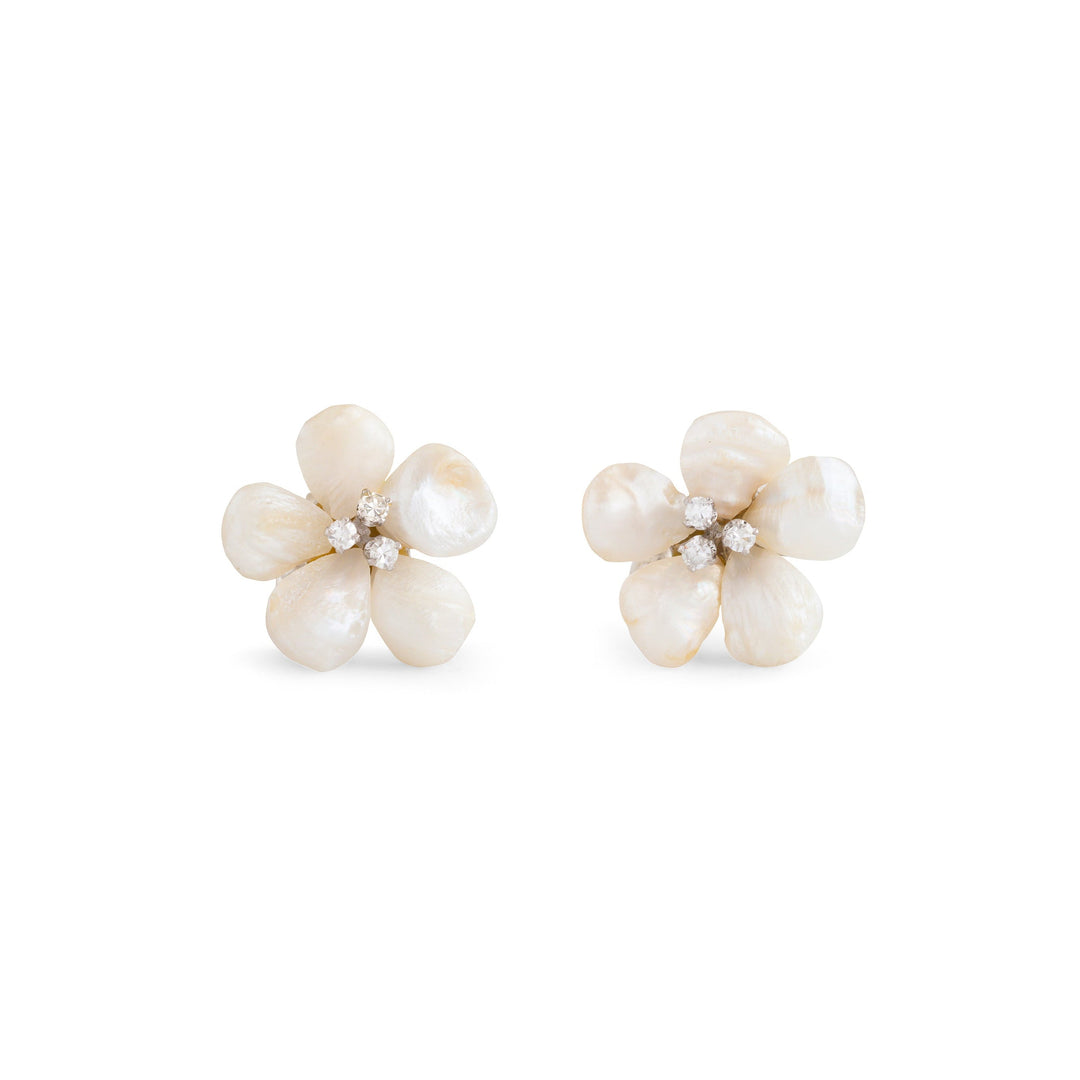 Pearl, Diamond, And 14K White Gold Flower Earrings