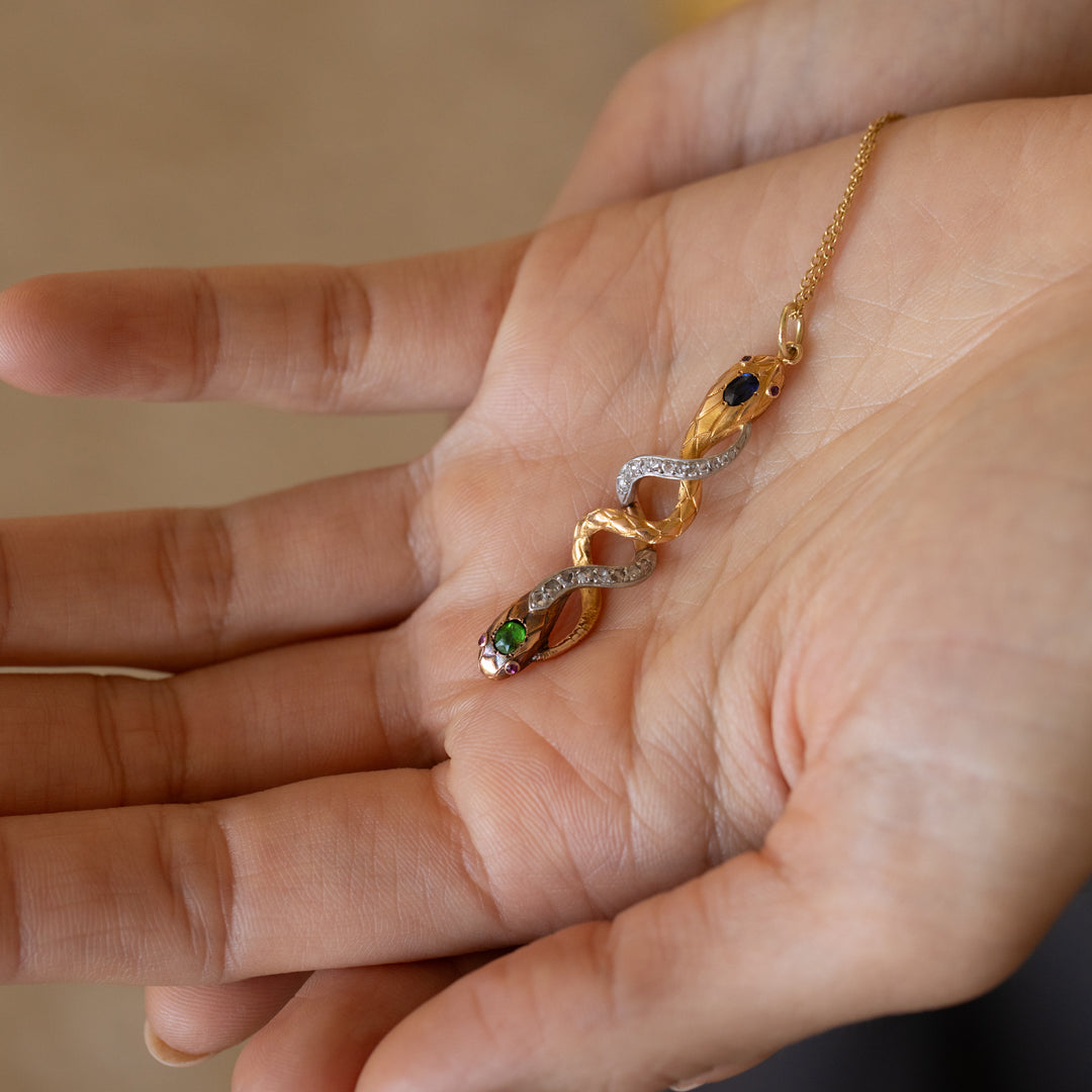 Victorian Snake Sapphire, Demantoid Garnet, Diamond, Ruby, Platinum, And 18K Gold Pendant