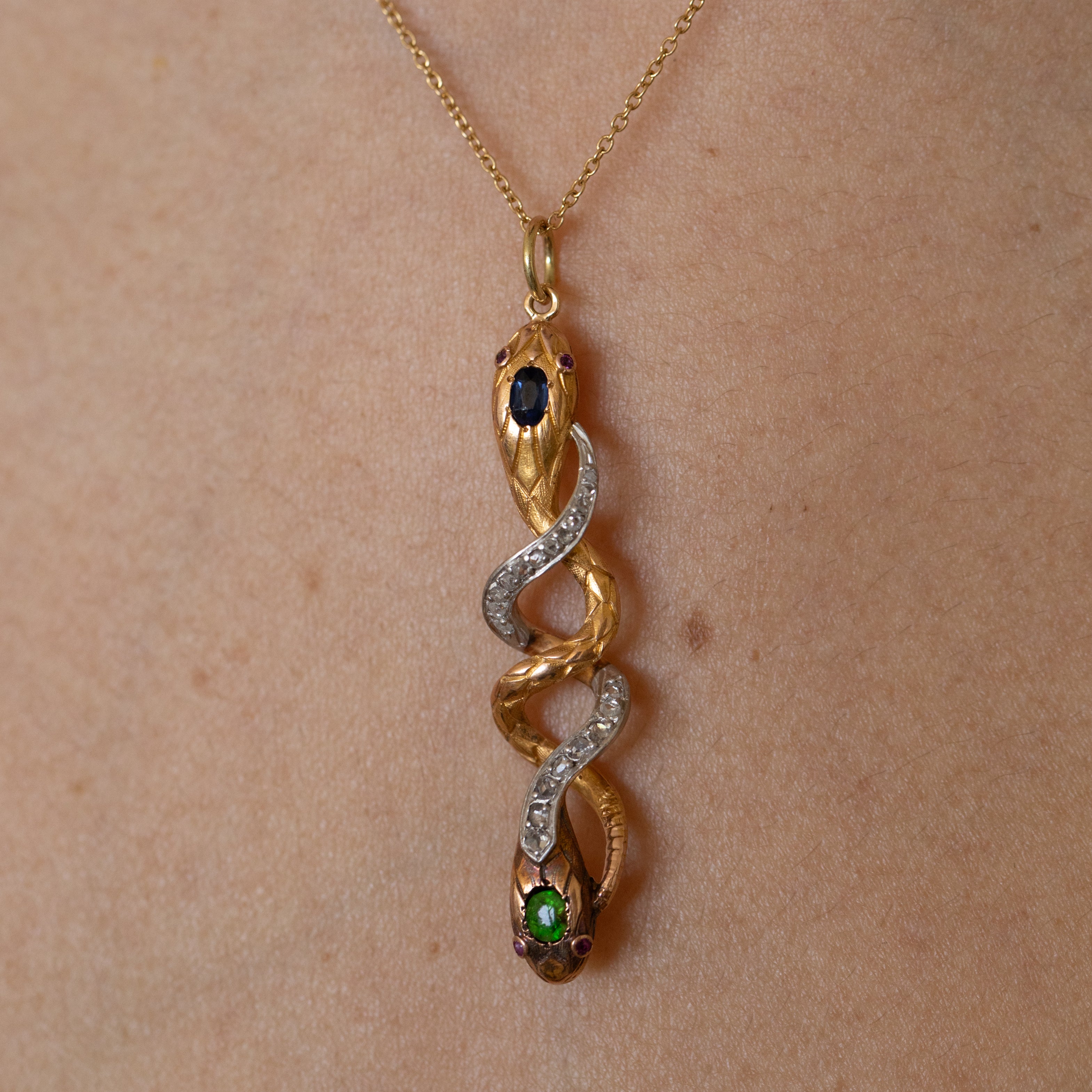 Victorian Snake Sapphire, Demantoid Garnet, Diamond, Ruby, Platinum, And 18K Gold Pendant