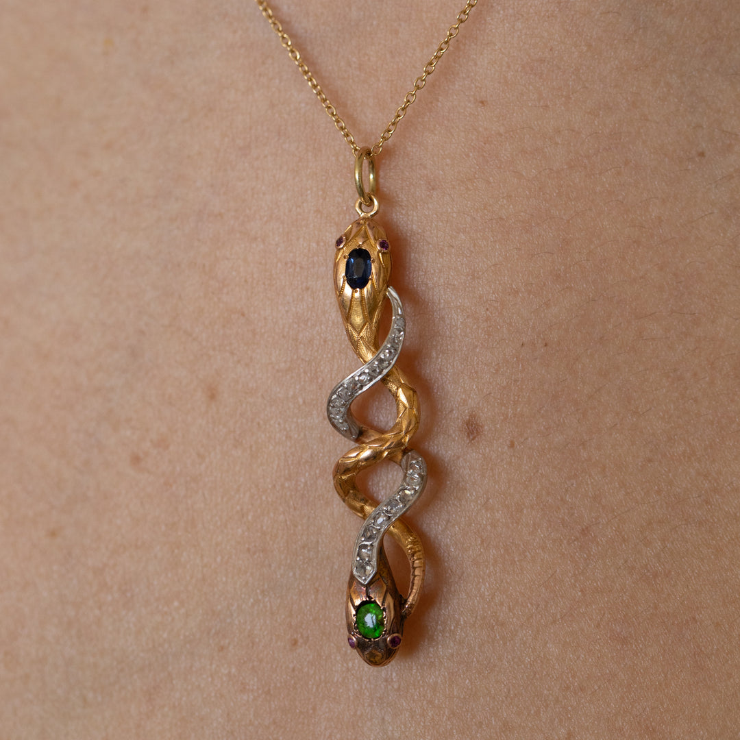Victorian Snake Sapphire, Demantoid Garnet, Diamond, Ruby, Platinum, And 18K Gold Pendant
