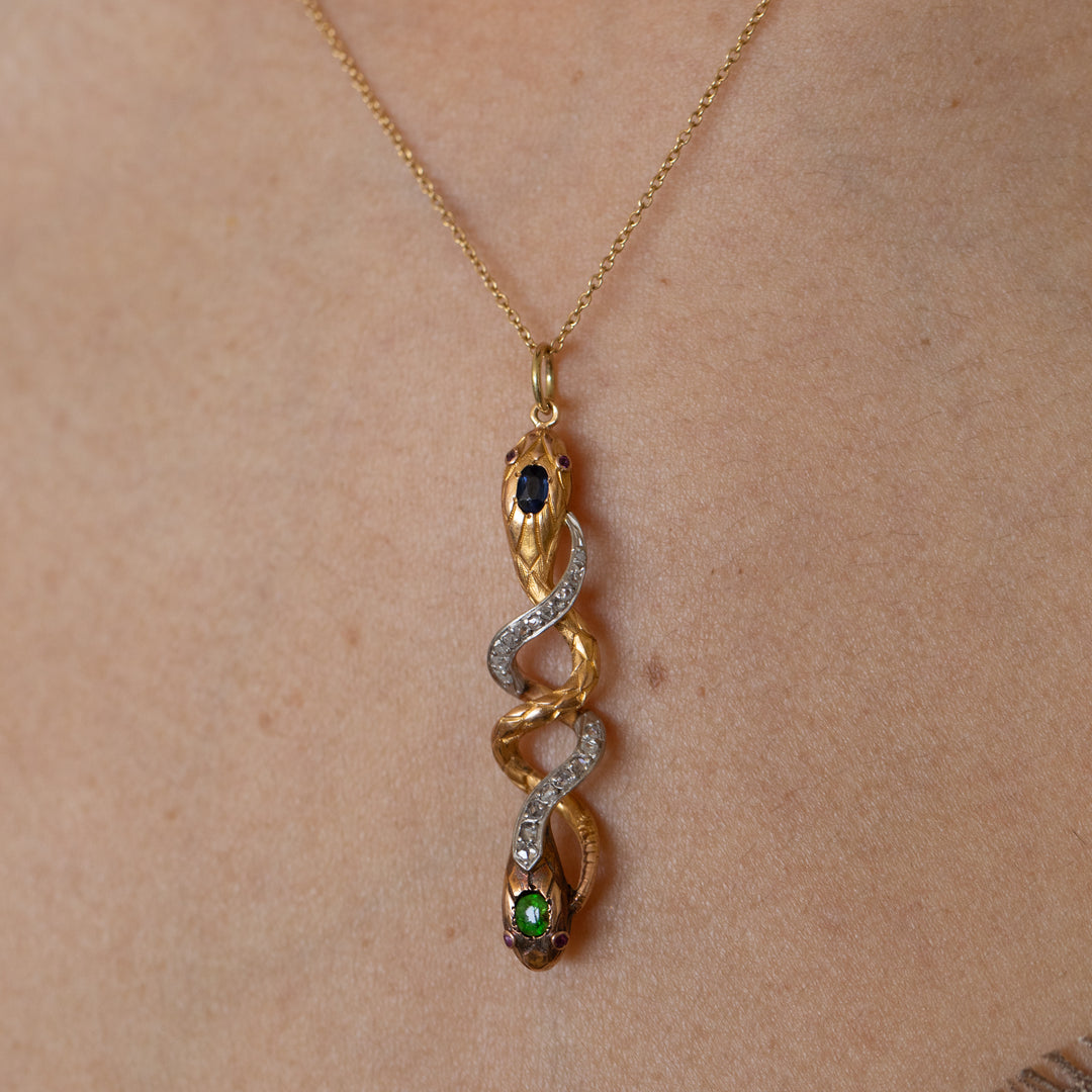 Victorian Snake Sapphire, Demantoid Garnet, Diamond, Ruby, Platinum, And 18K Gold Pendant