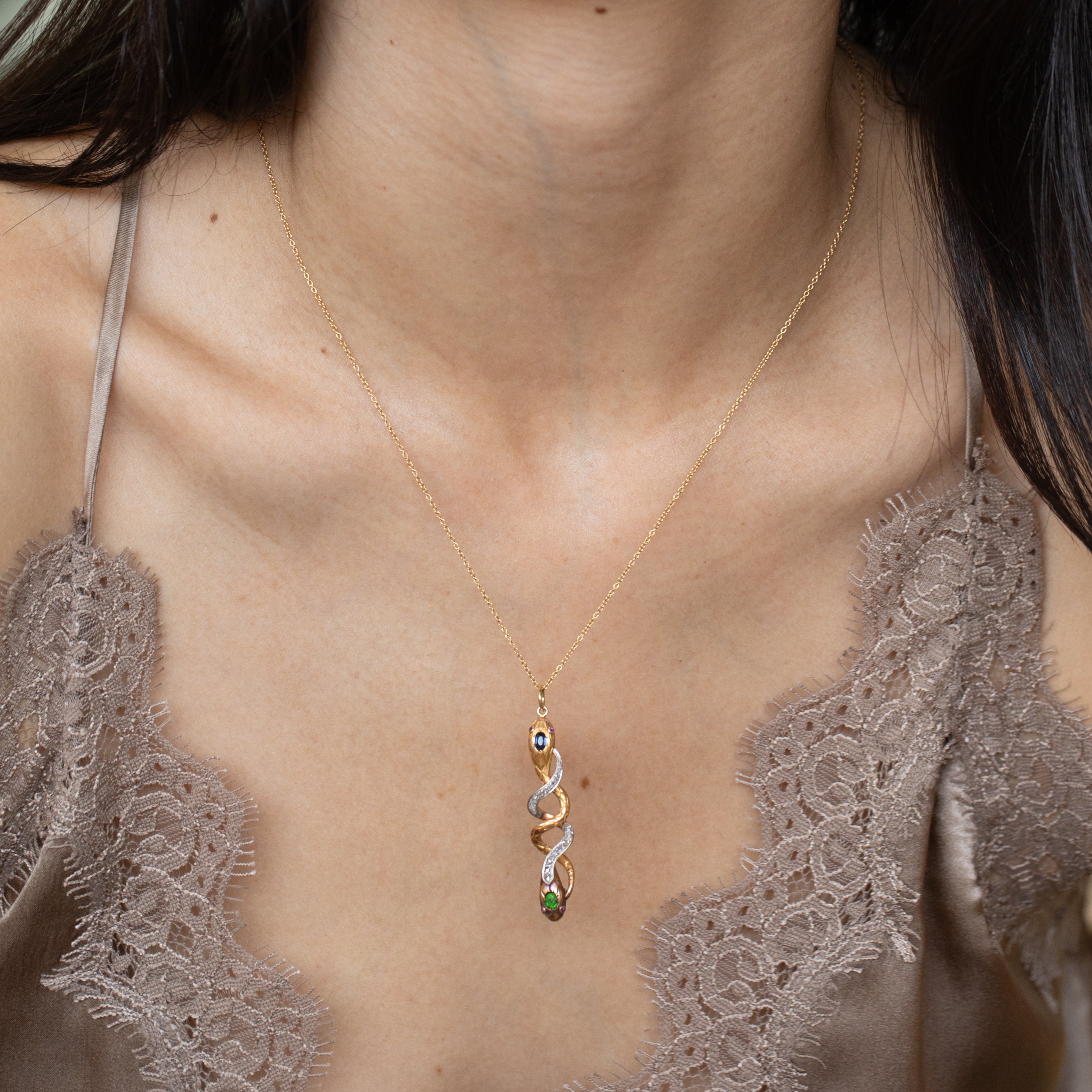 Victorian Snake Sapphire, Demantoid Garnet, Diamond, Ruby, Platinum, And 18K Gold Pendant