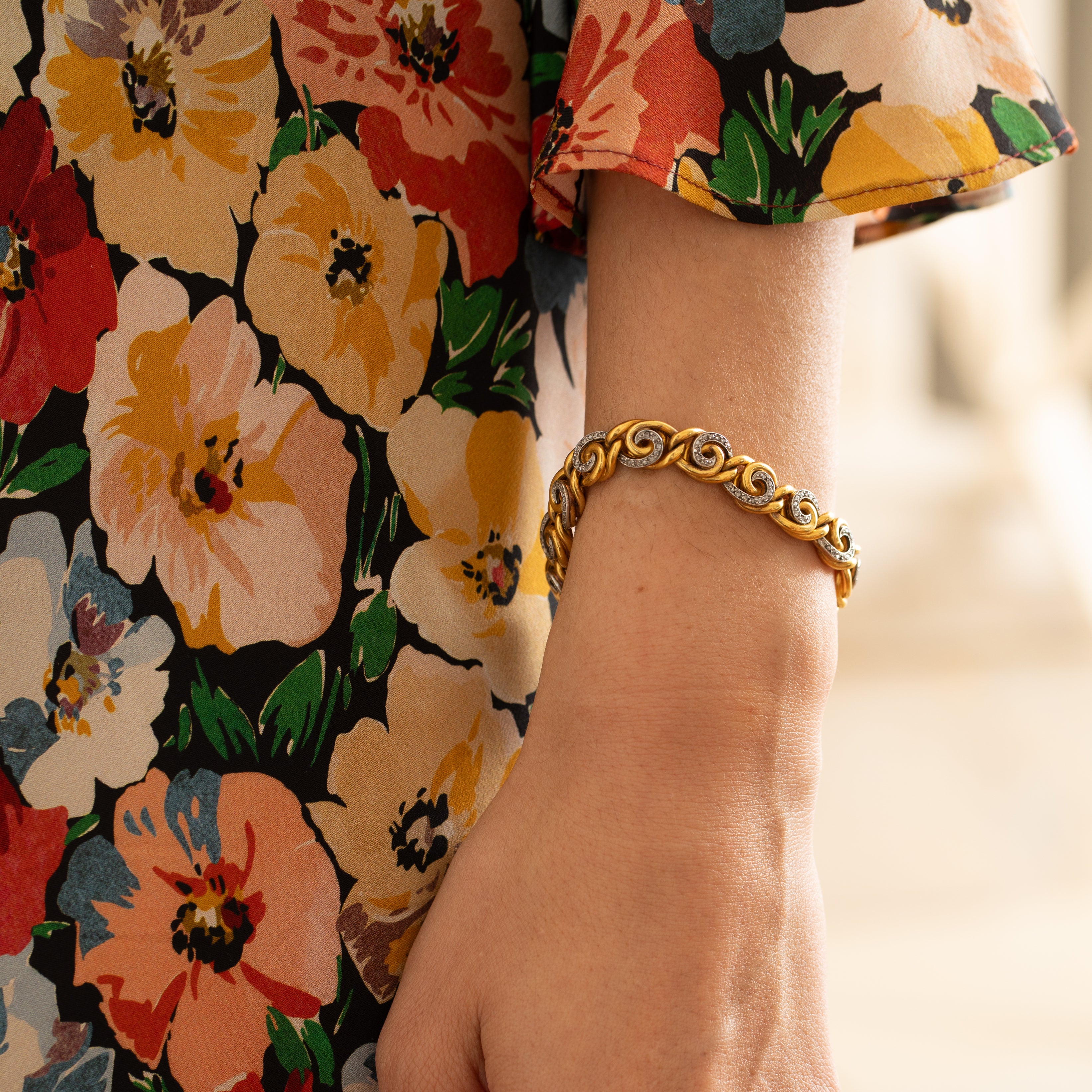 French 18K Gold and Diamond Swirl Link Bracelet