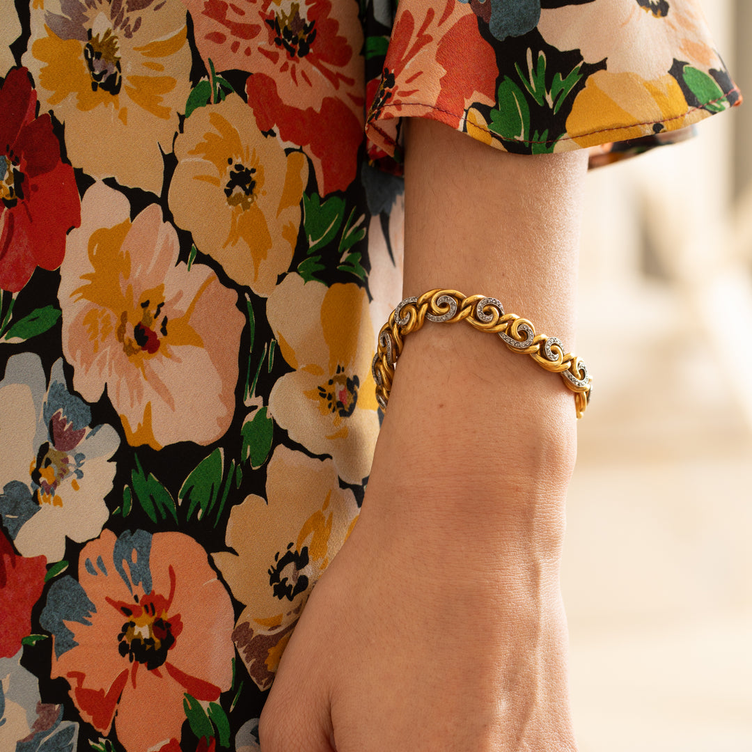 French 18K Gold and Diamond Swirl Link Bracelet