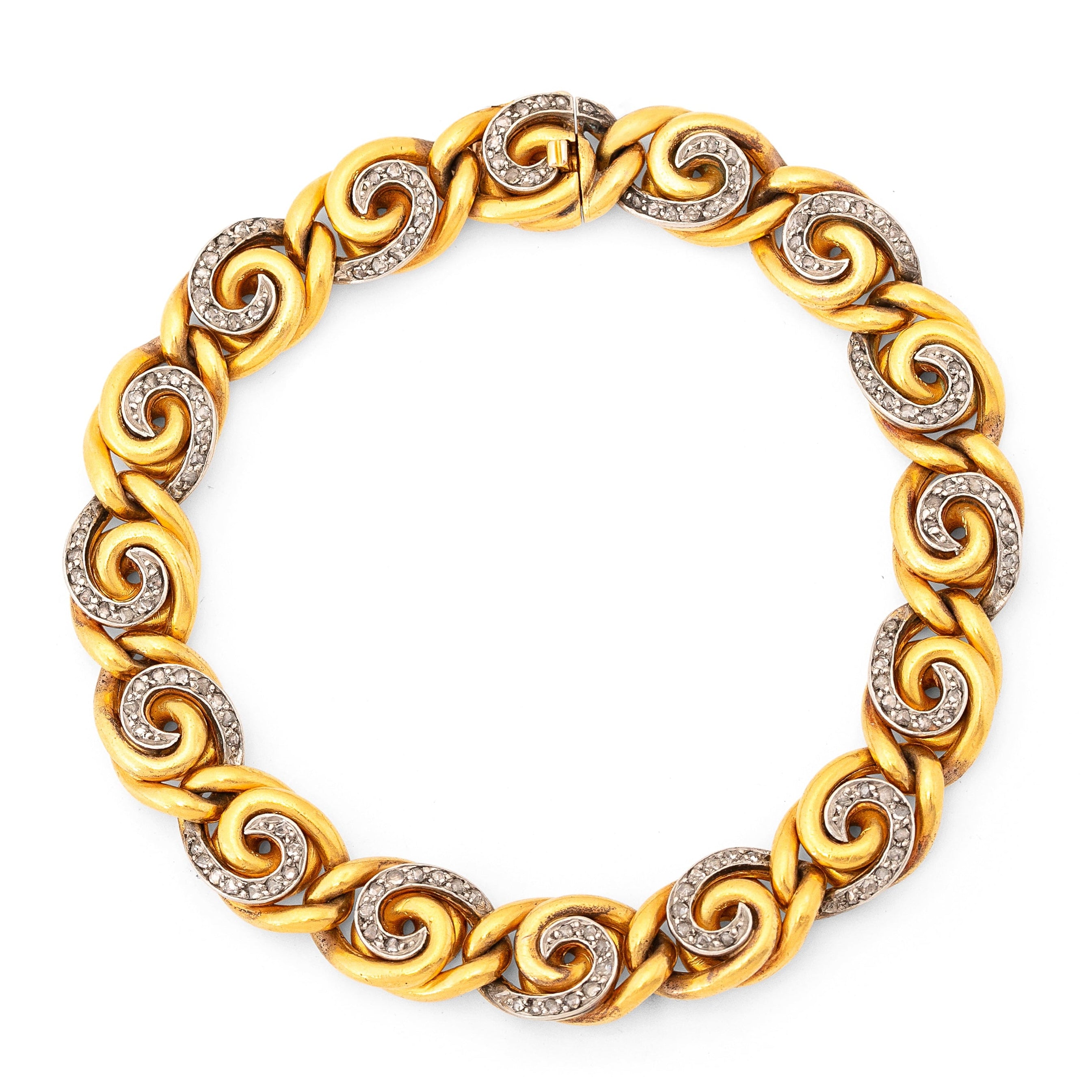 French 18K Gold and Diamond Swirl Link Bracelet