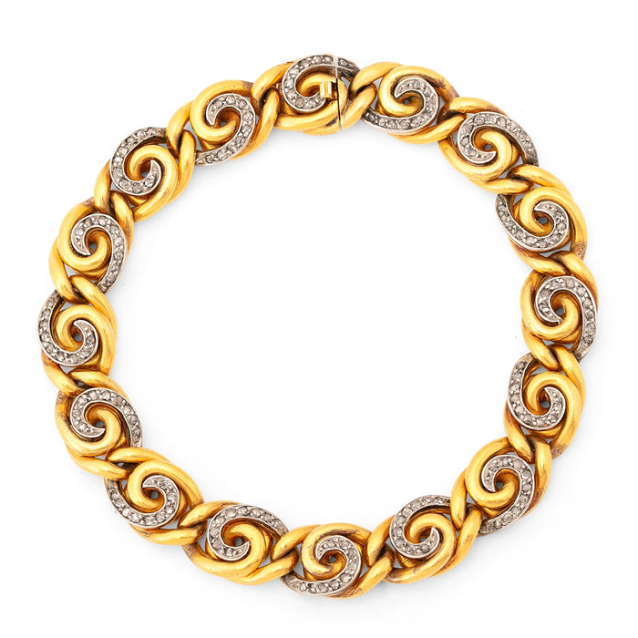 French 18K Gold and Diamond Swirl Link Bracelet