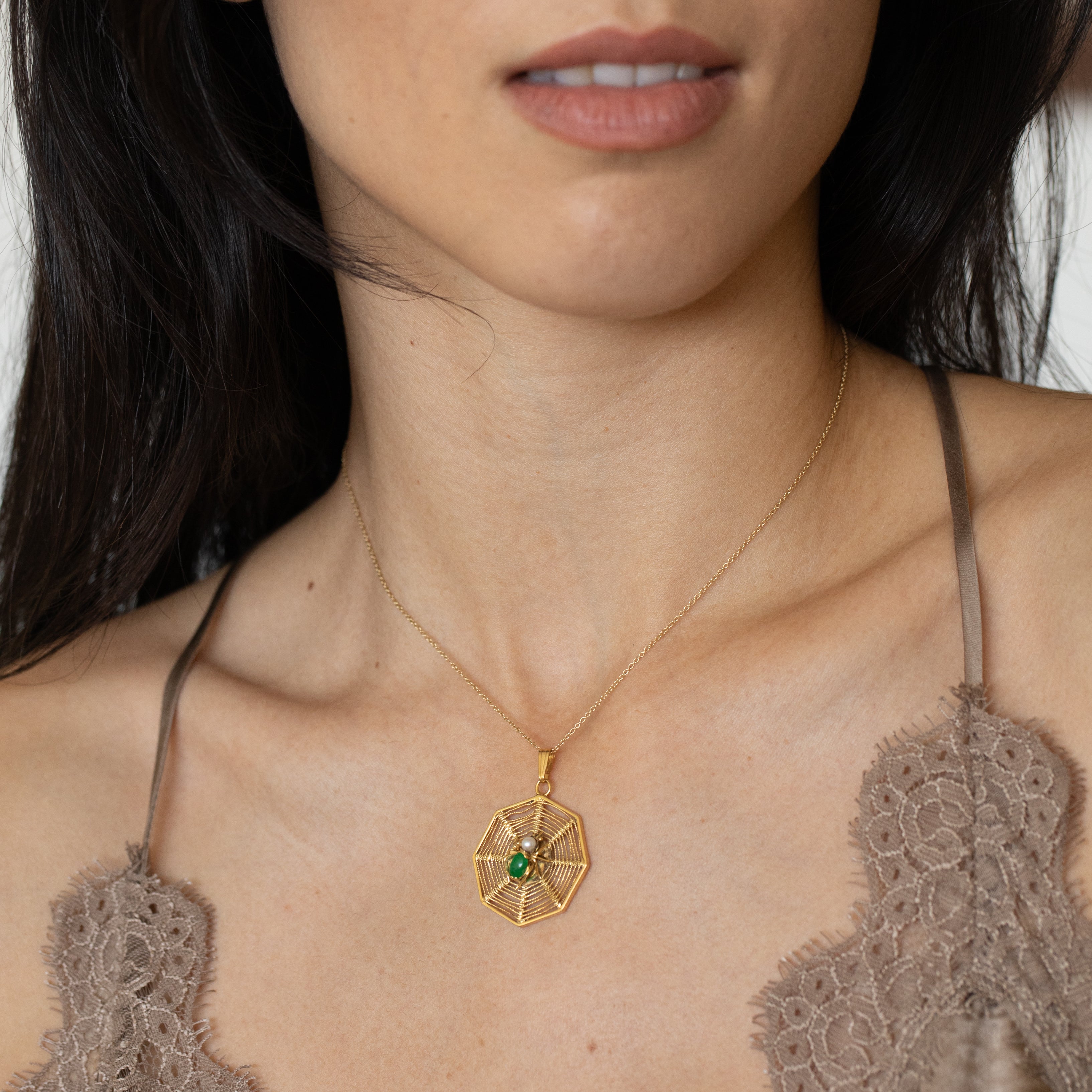 Jade, Pearl, and 14K Gold Large Spiderweb Charm