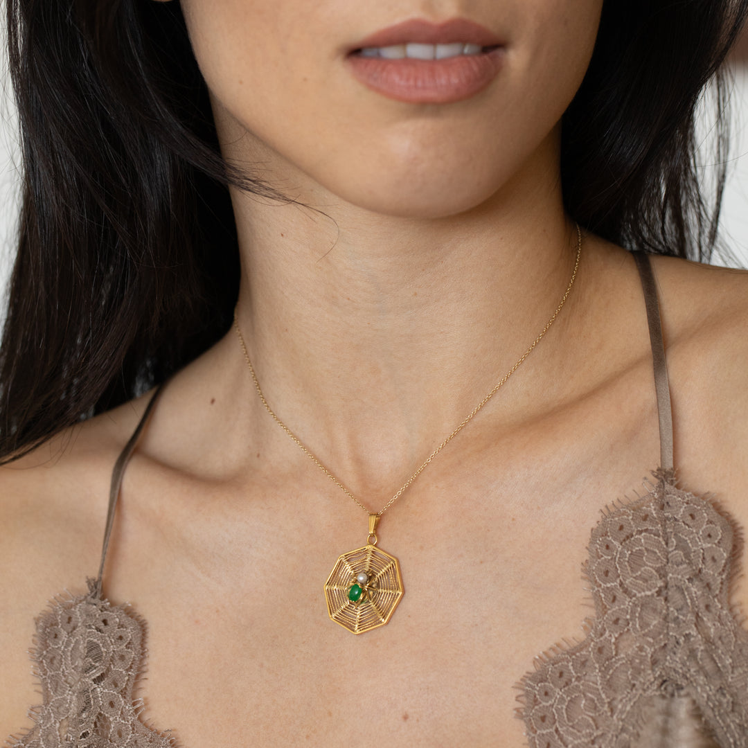 Jade, Pearl, and 14K Gold Large Spiderweb Charm
