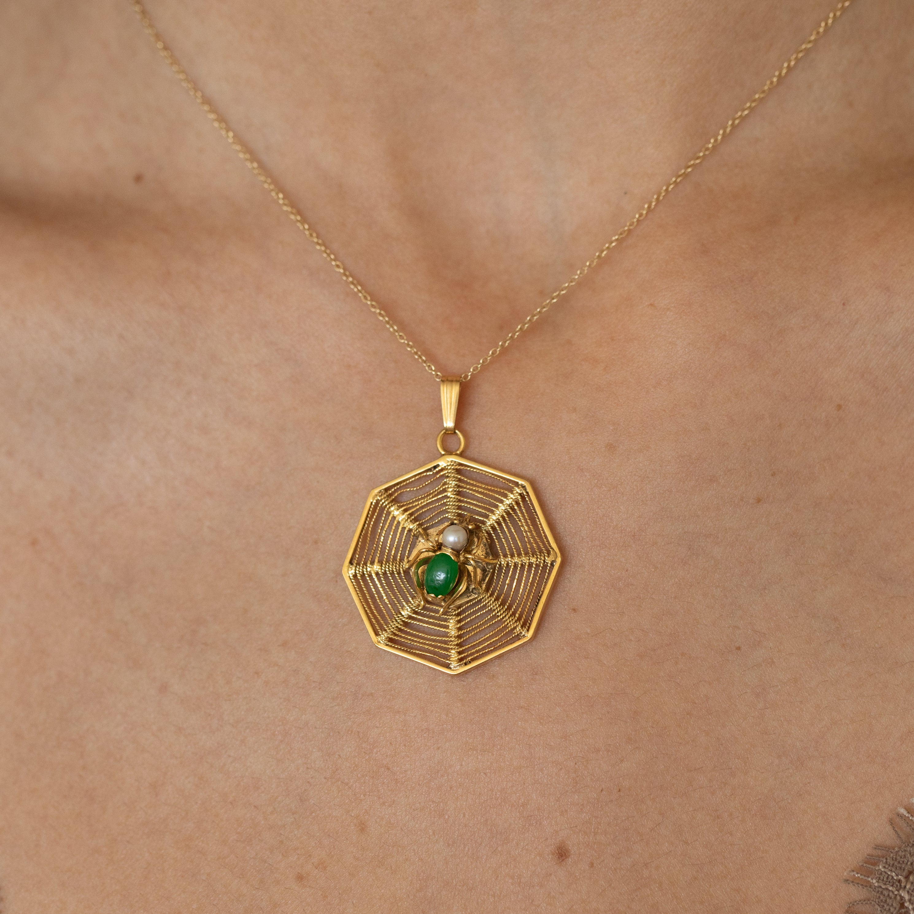 Jade, Pearl, and 14K Gold Large Spiderweb Charm