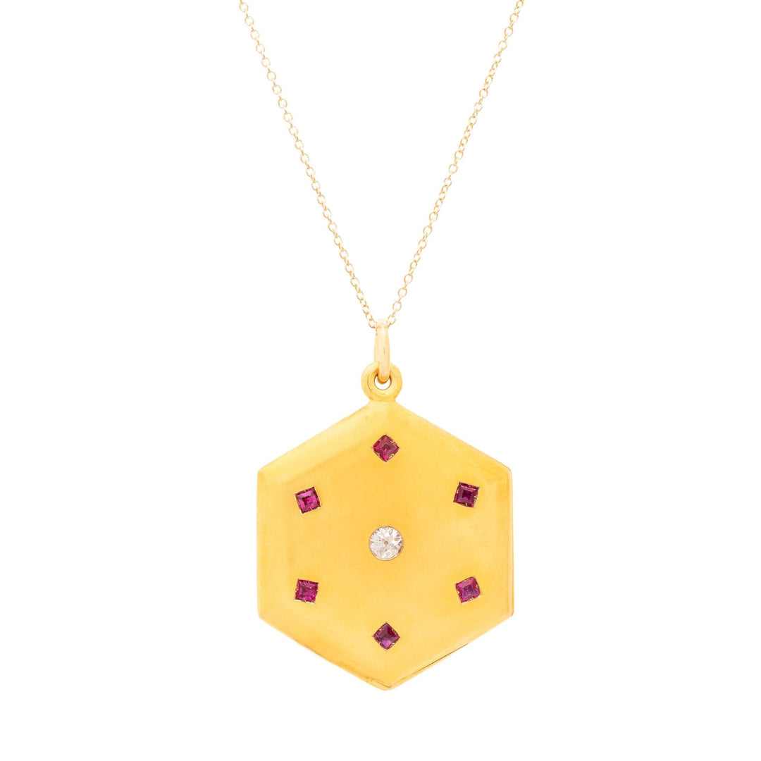 Early 20th Century Octagonal Rudy, Diamond, And 18K Gold Locket