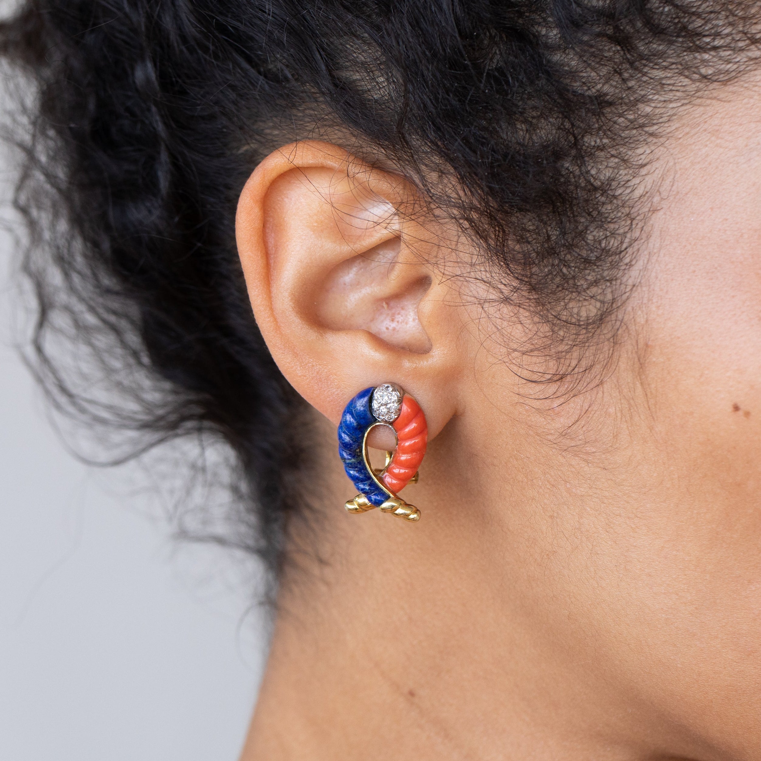 Coral, Lapis, Diamond, and 14K Gold Earrings