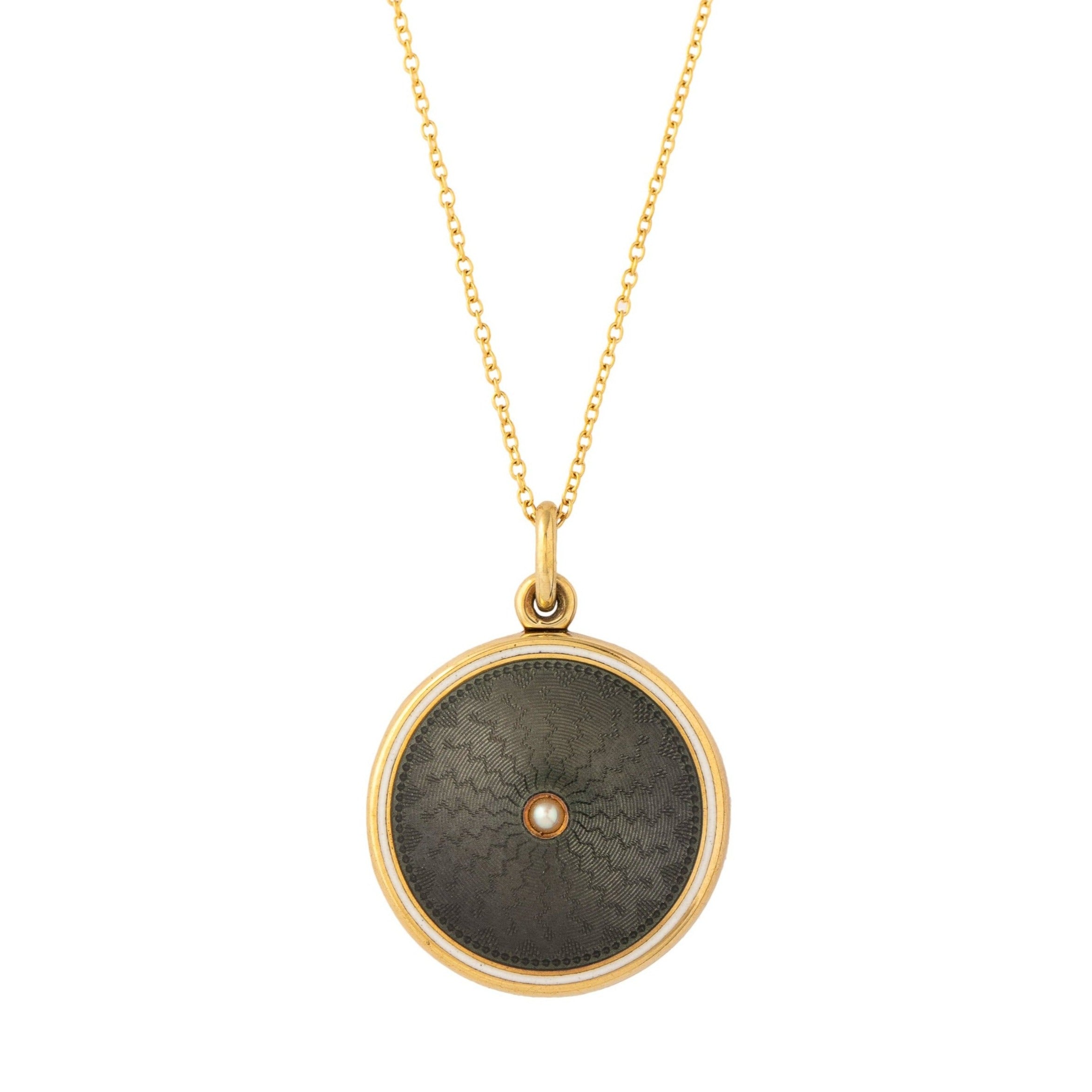 Black Guilloche, Pearl, And 14k Gold Locket