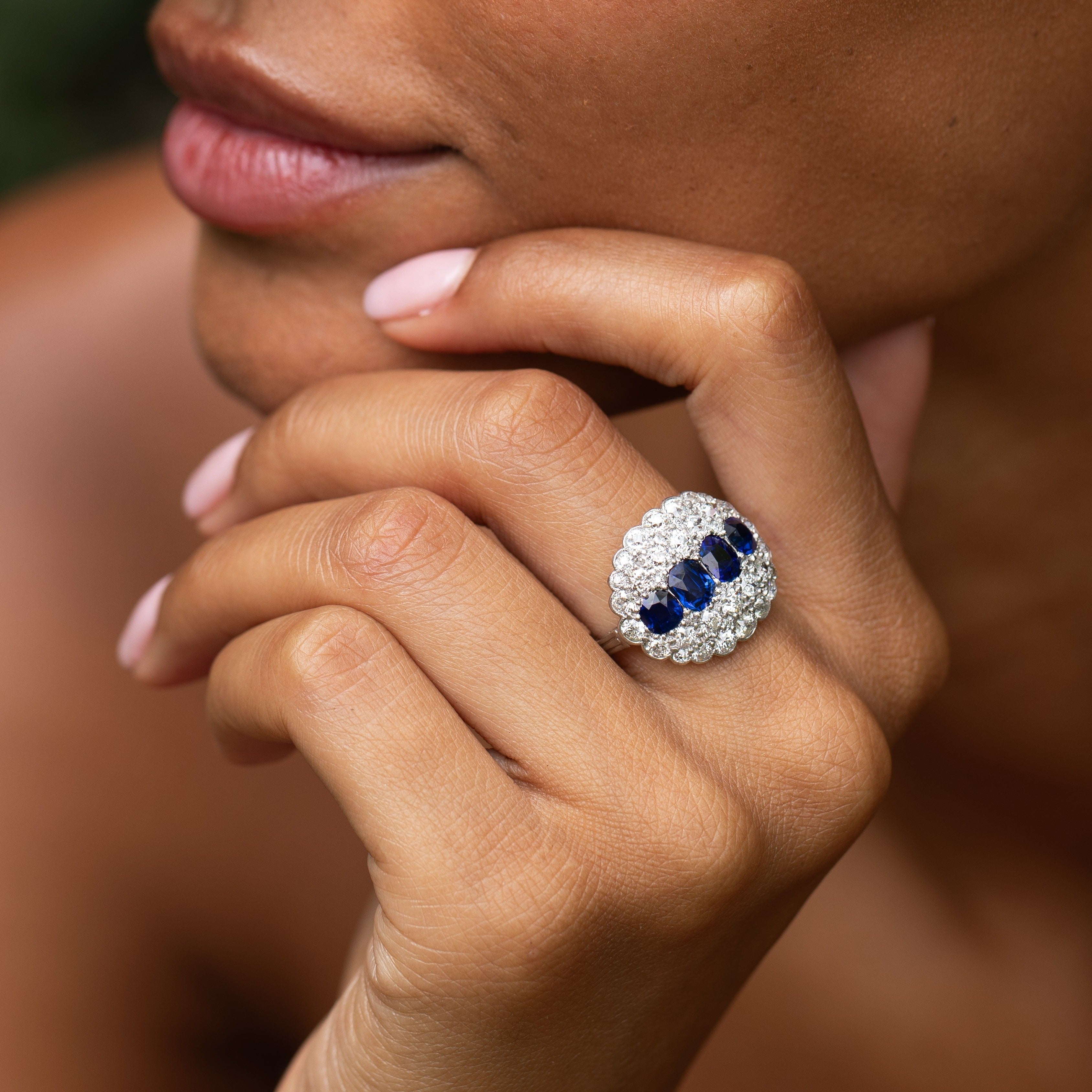 1920s Natural Sapphire, Diamond, and Platinum Cluster Ring