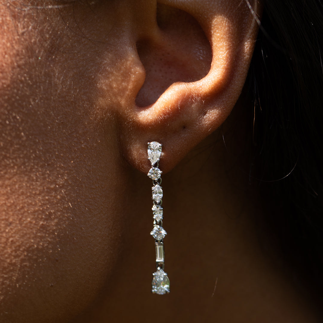 Mixed Cut Diamond and Platinum Long Dangle Earrings