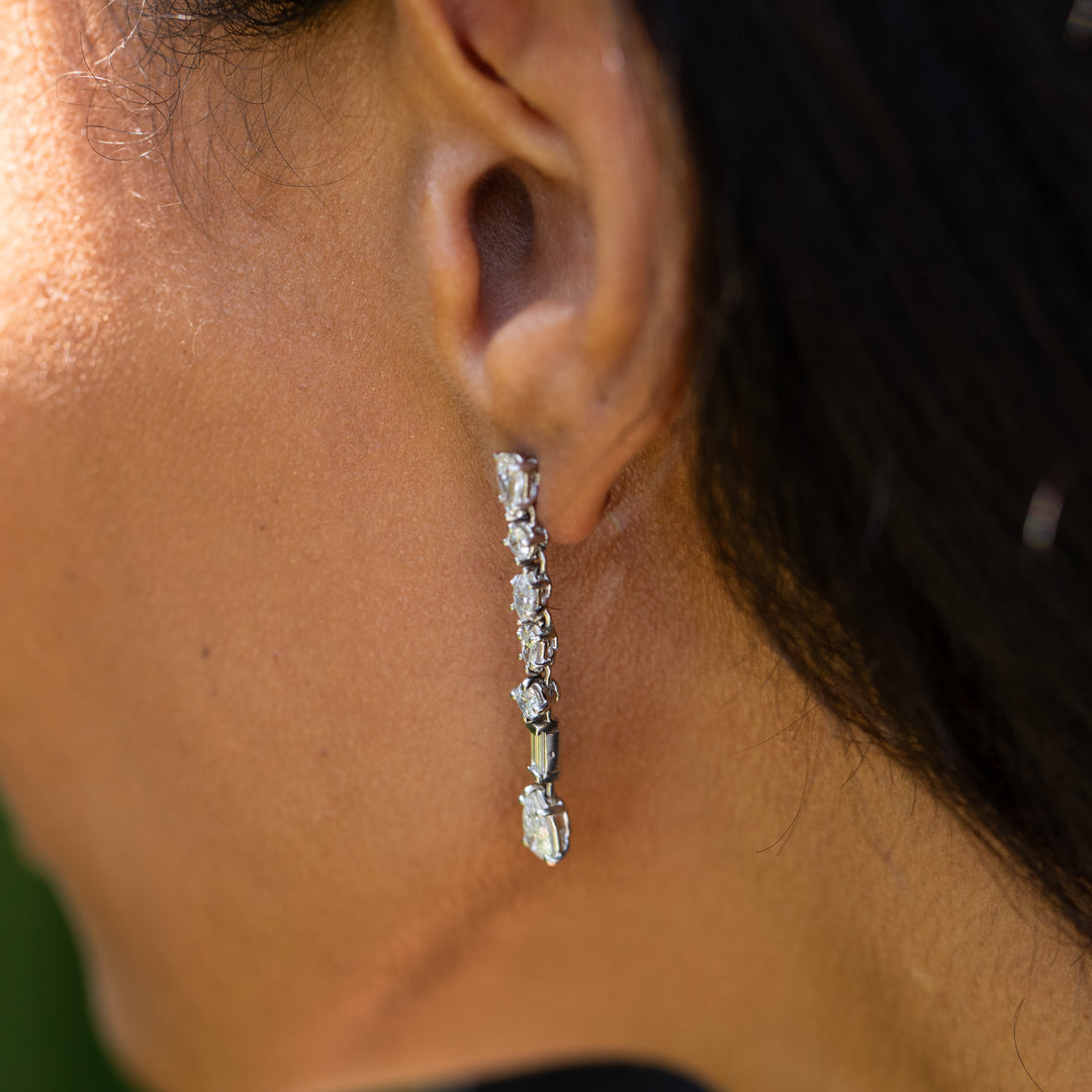 Mixed Cut Diamond and Platinum Long Dangle Earrings