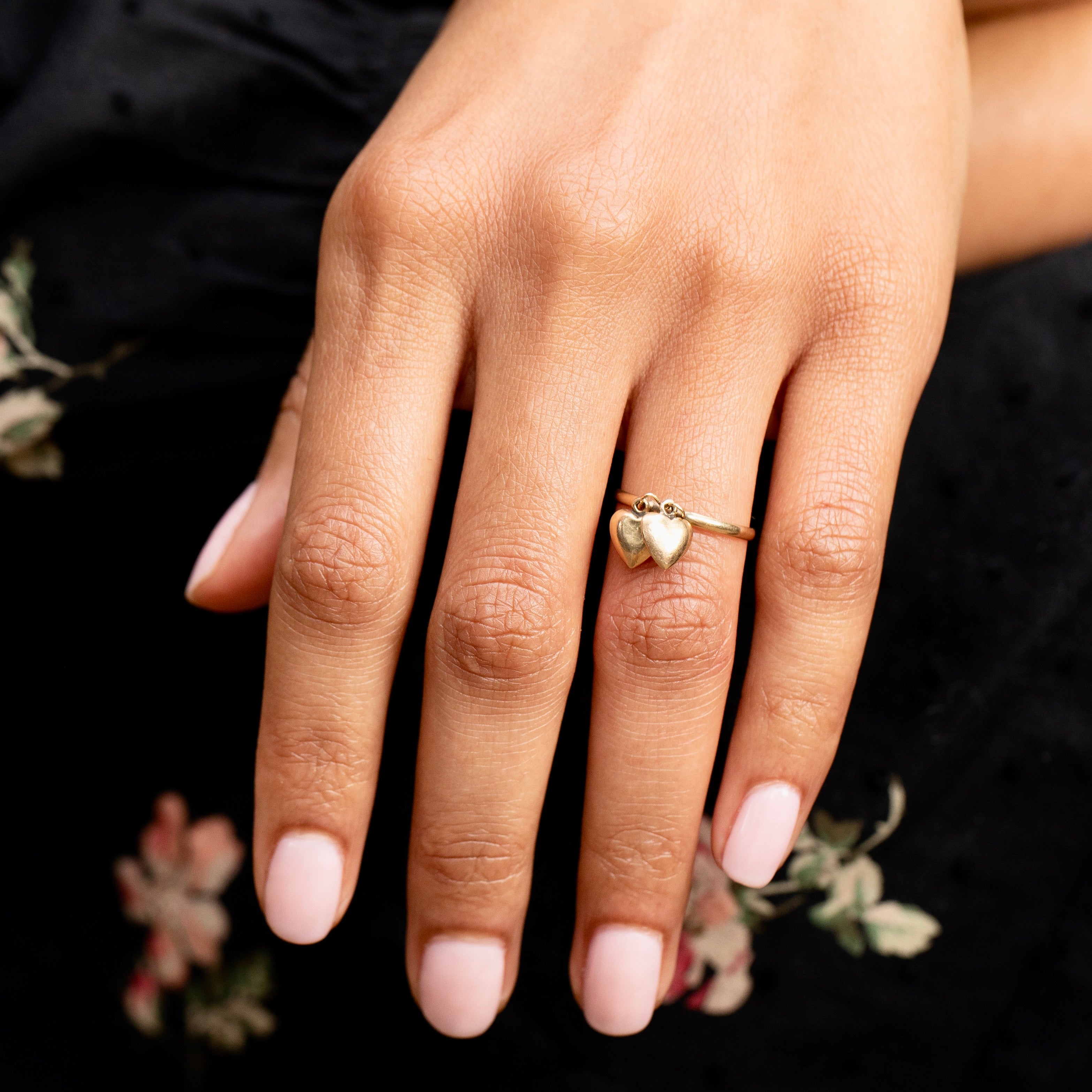 Double Heart 14K Gold Charm Ring