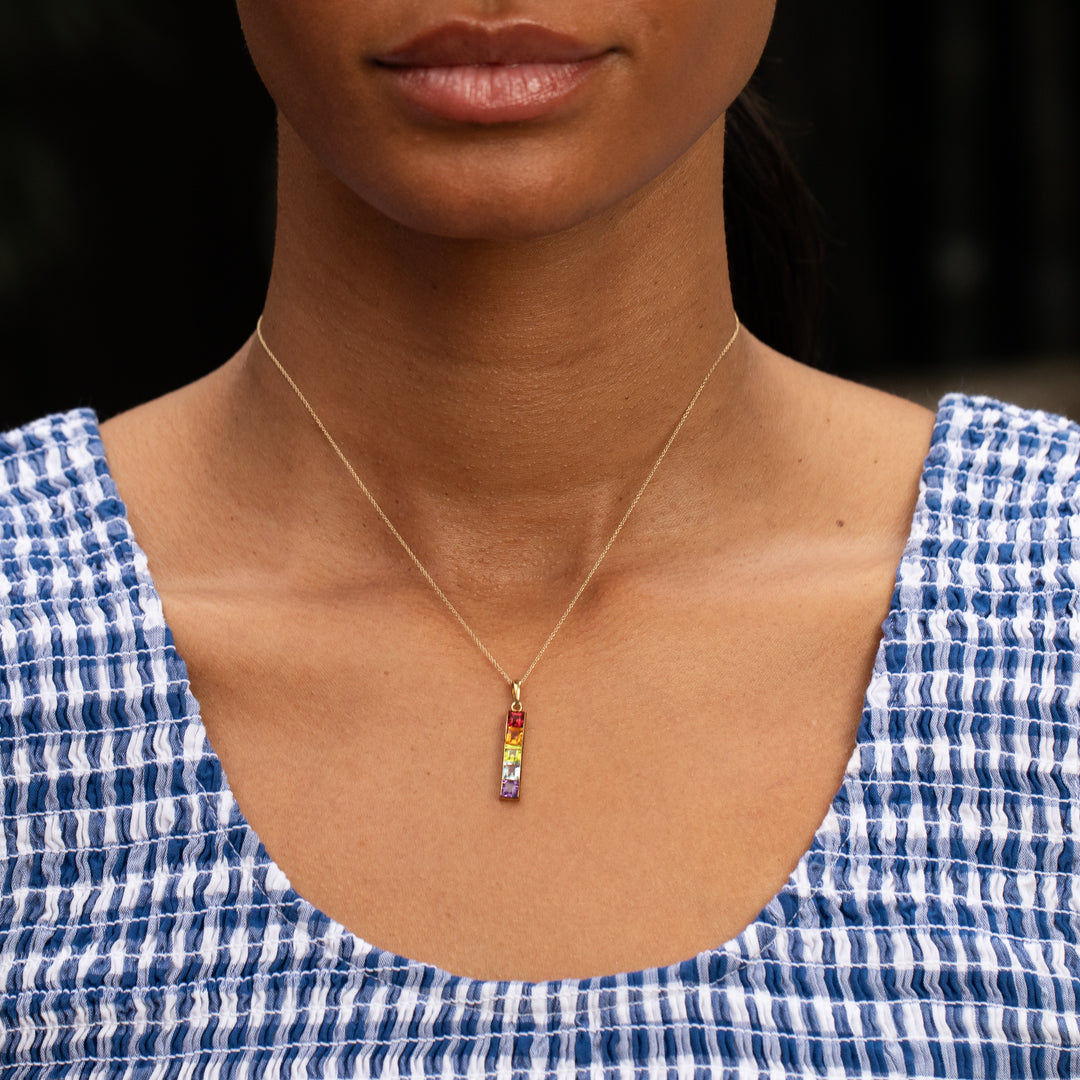 Rainbow Stone and 14K Gold Bar Charm