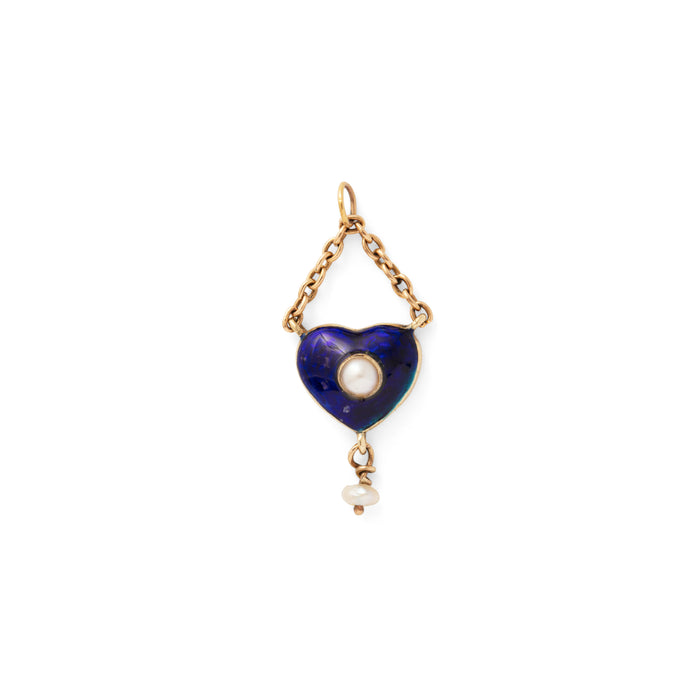 Victorian Enamel, Pearl, and 14K Gold Hanging Heart Charm