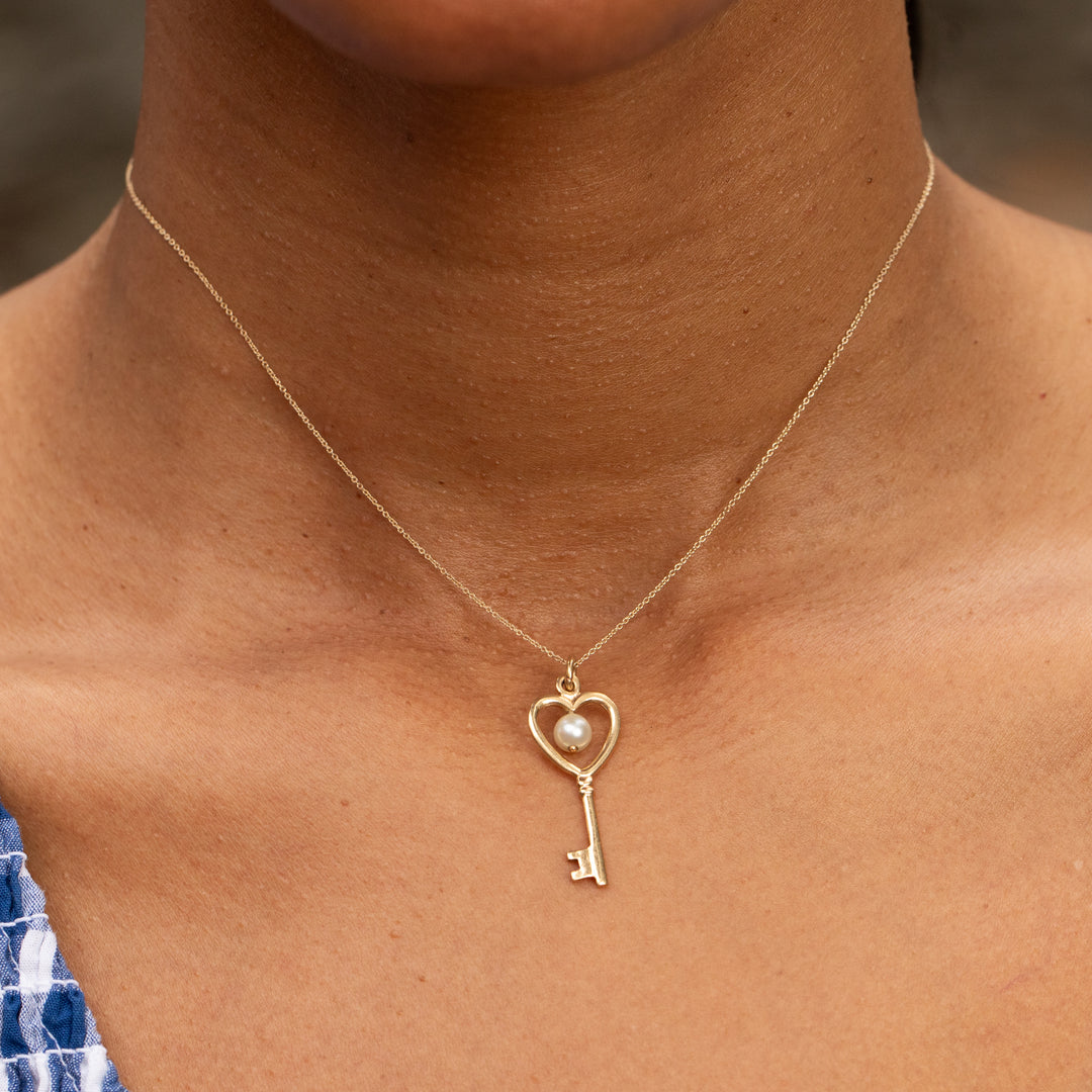 Heart-Shaped 14K Gold And Pearl Key Charm