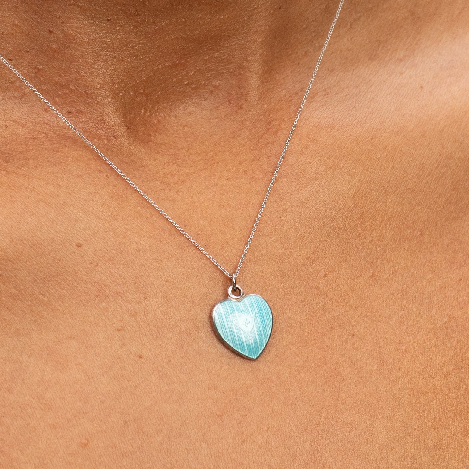 Blue Guilloche Enamel and Silver Heart Charm
