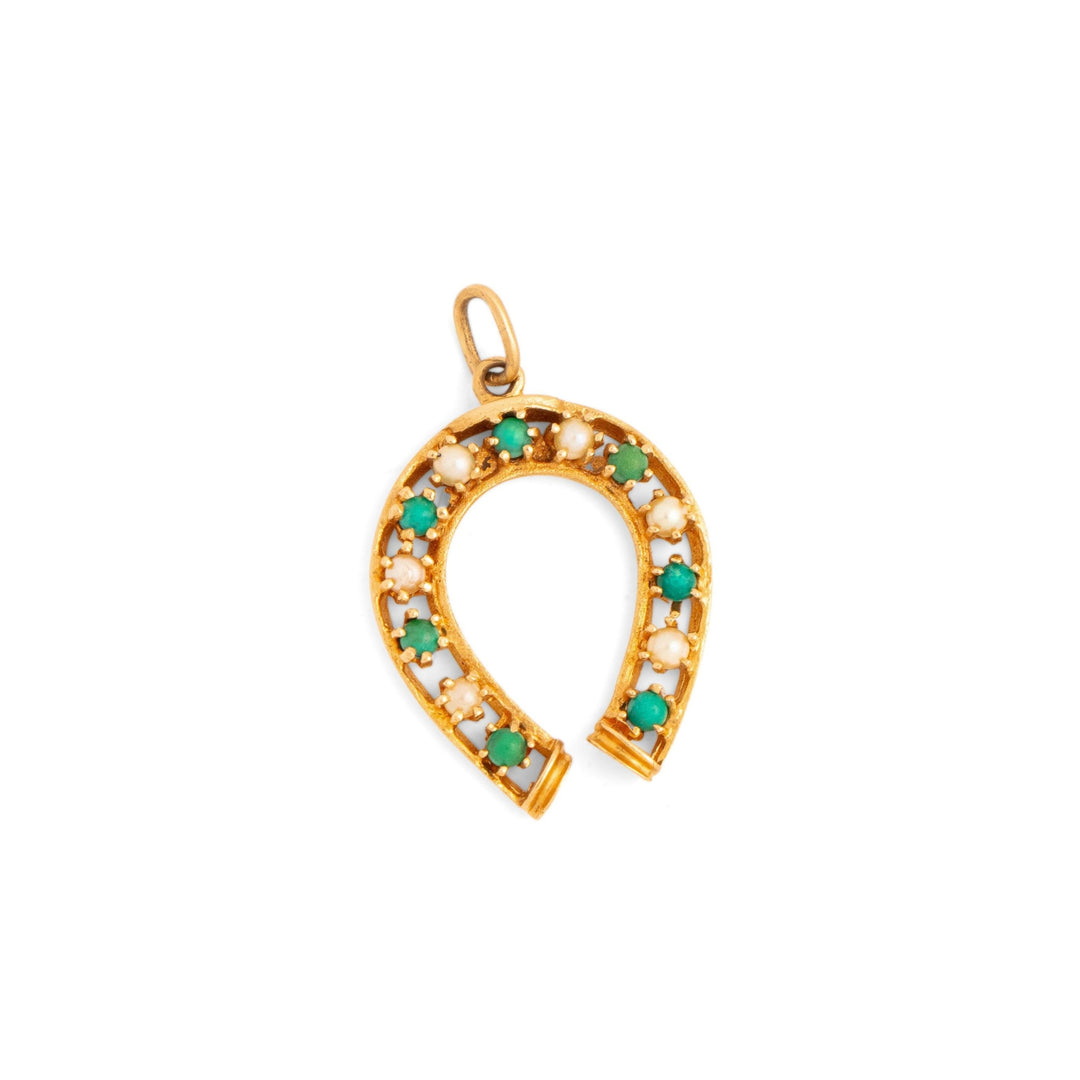 Turquoise, Pearl, and 14K Gold Horseshoe Charm