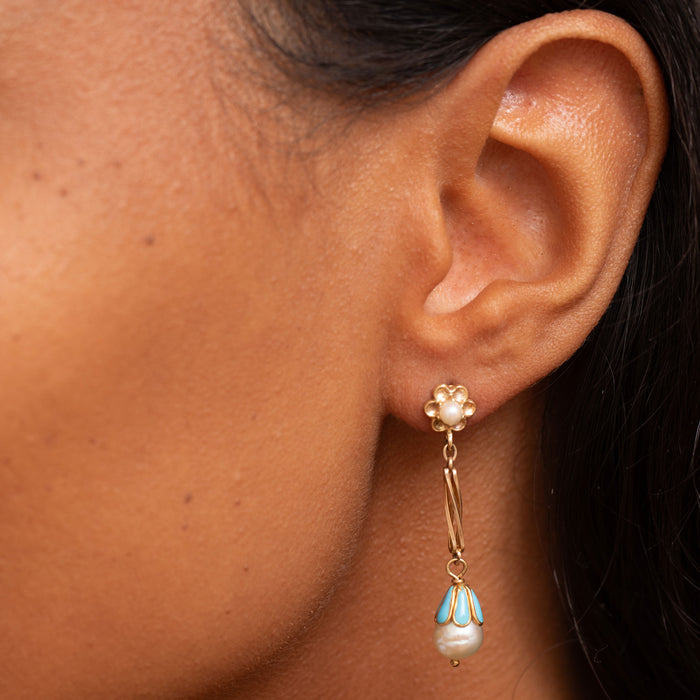 Blue Enamel, Pearl, And 14k Gold Dangle Earrings