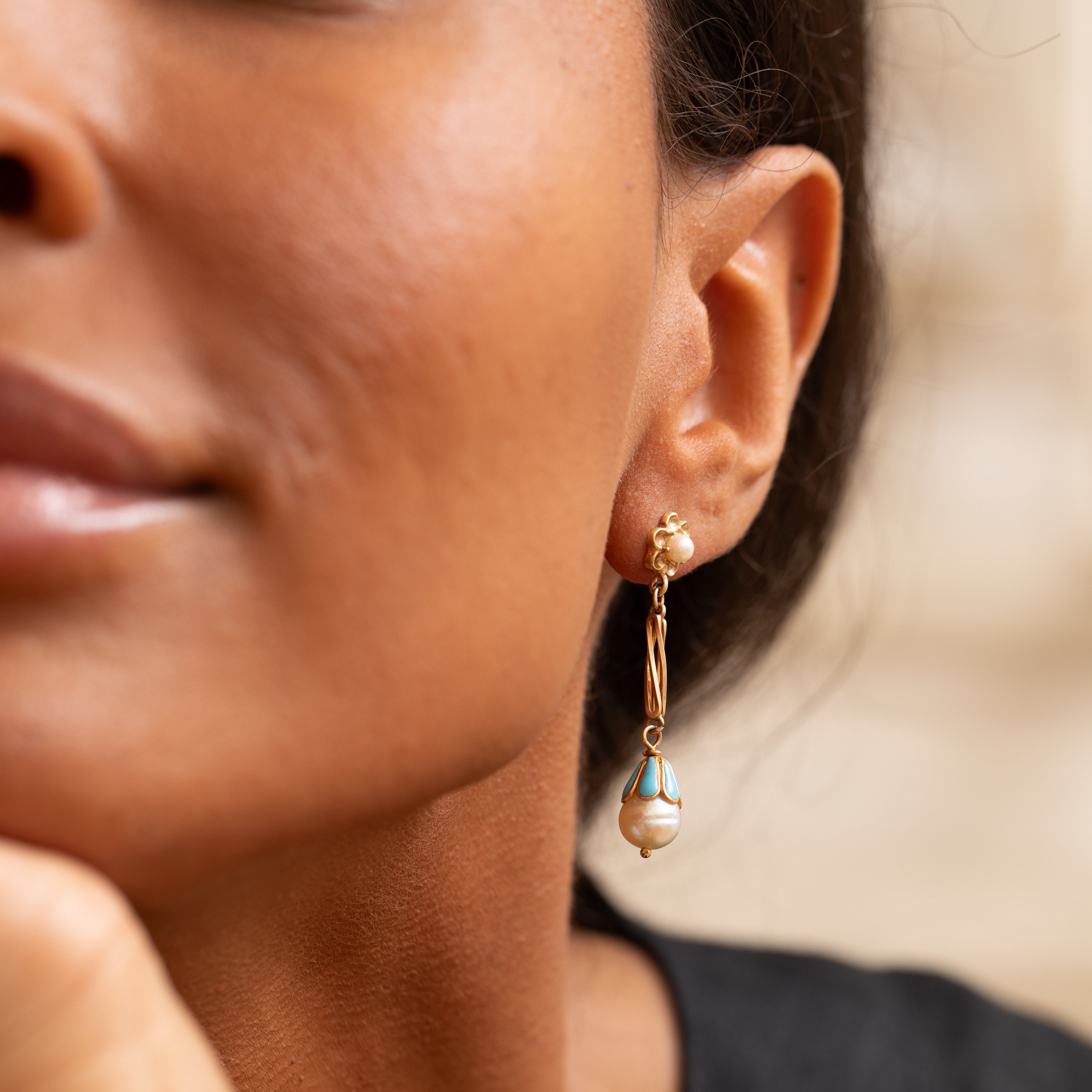 Blue Enamel, Pearl, And 14k Gold Dangle Earrings