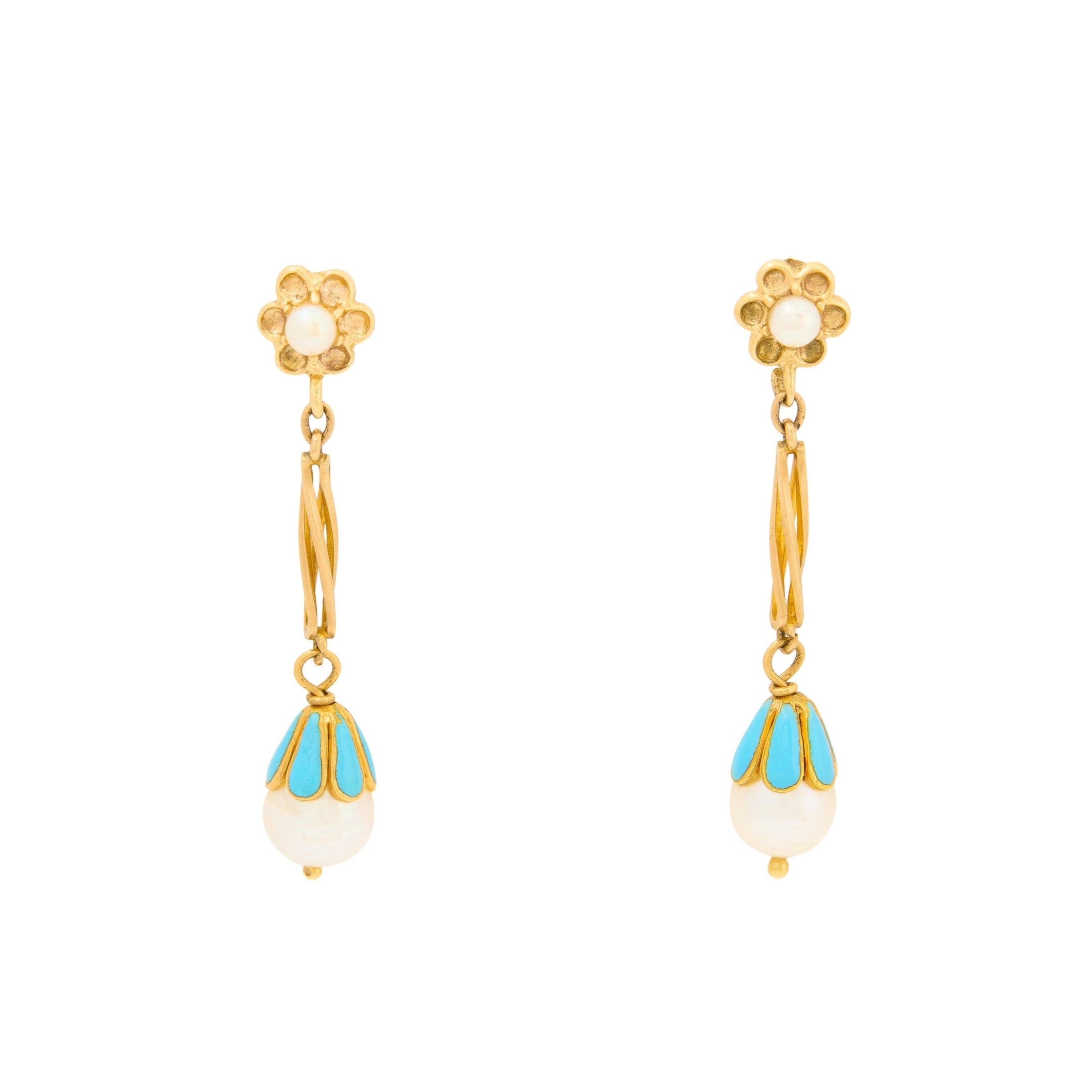 Blue Enamel, Pearl, And 14k Gold Dangle Earrings