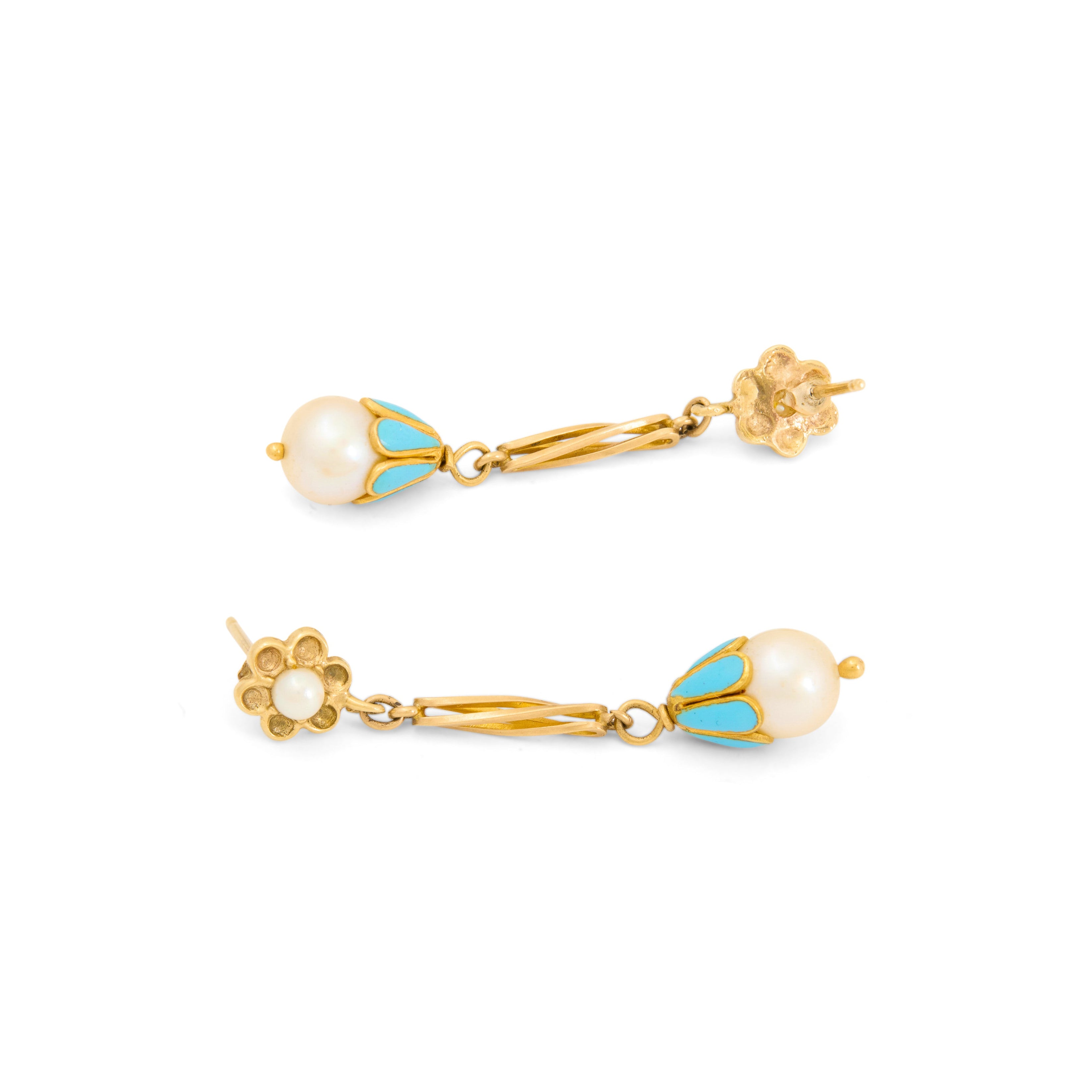 Blue Enamel, Pearl, And 14k Gold Dangle Earrings