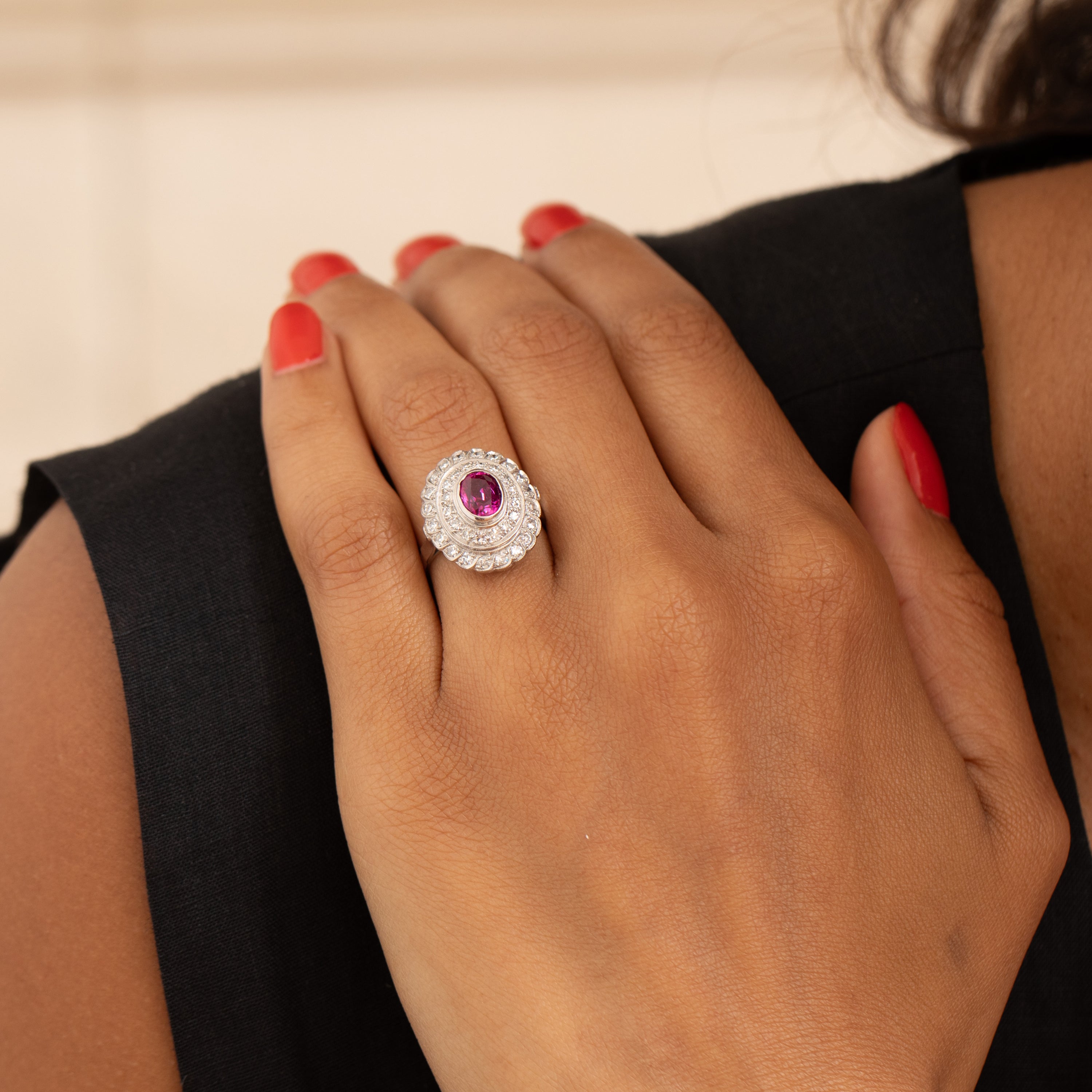 Ruby, Diamond, And 14K White Gold Cluster Ring